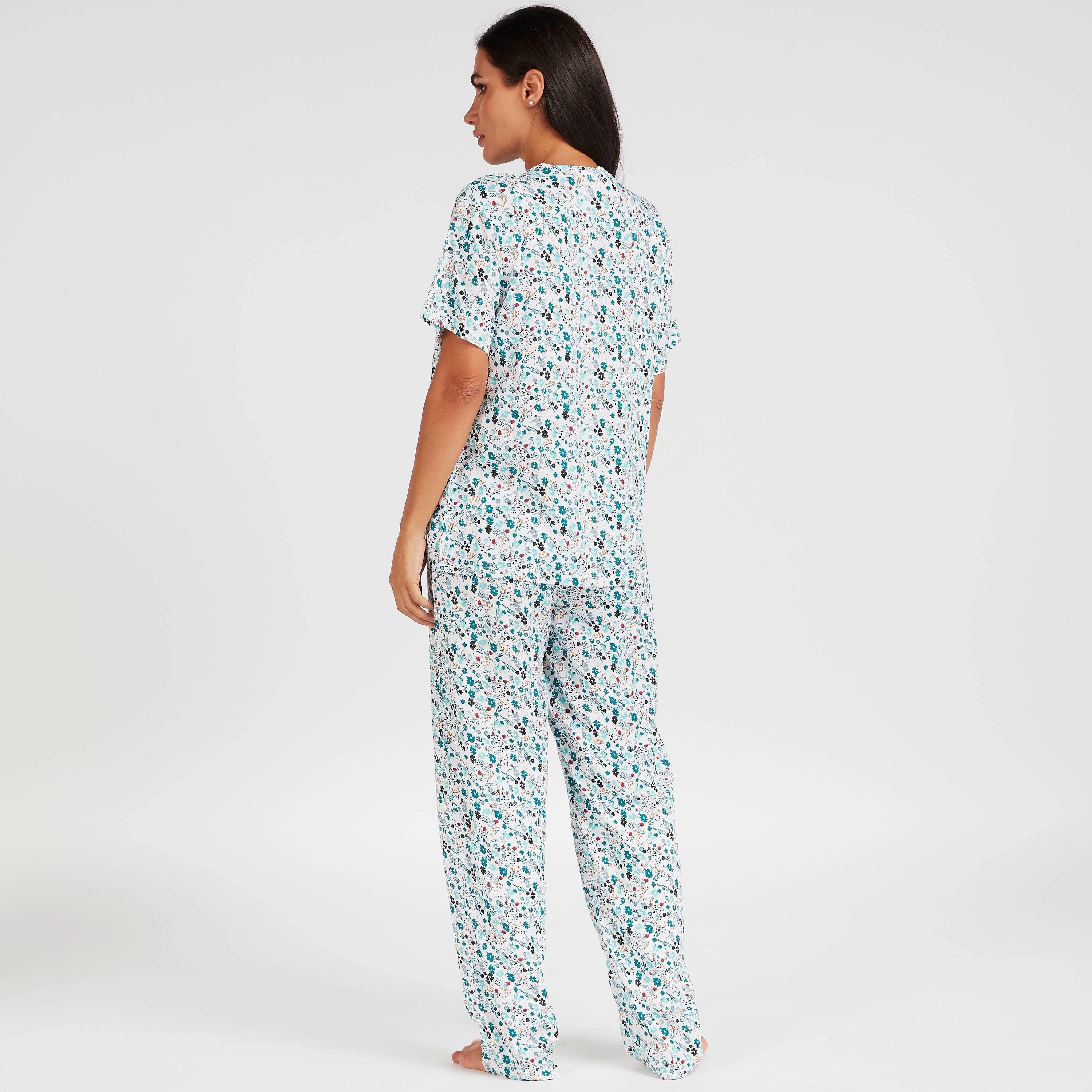 طقم بنطلون بيجاما وقميص بياقة مستديرة وطبعات زهرية-women-clothing-nightwear-pyjamas-longsets-image-5