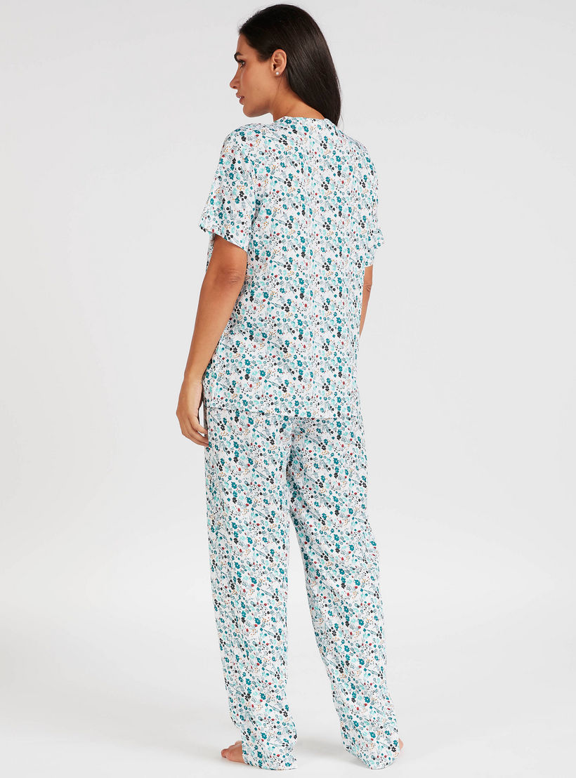 طقم بنطلون بيجاما وقميص بياقة مستديرة وطبعات زهرية-women-clothing-nightwear-pyjamas-longsets-image-5
