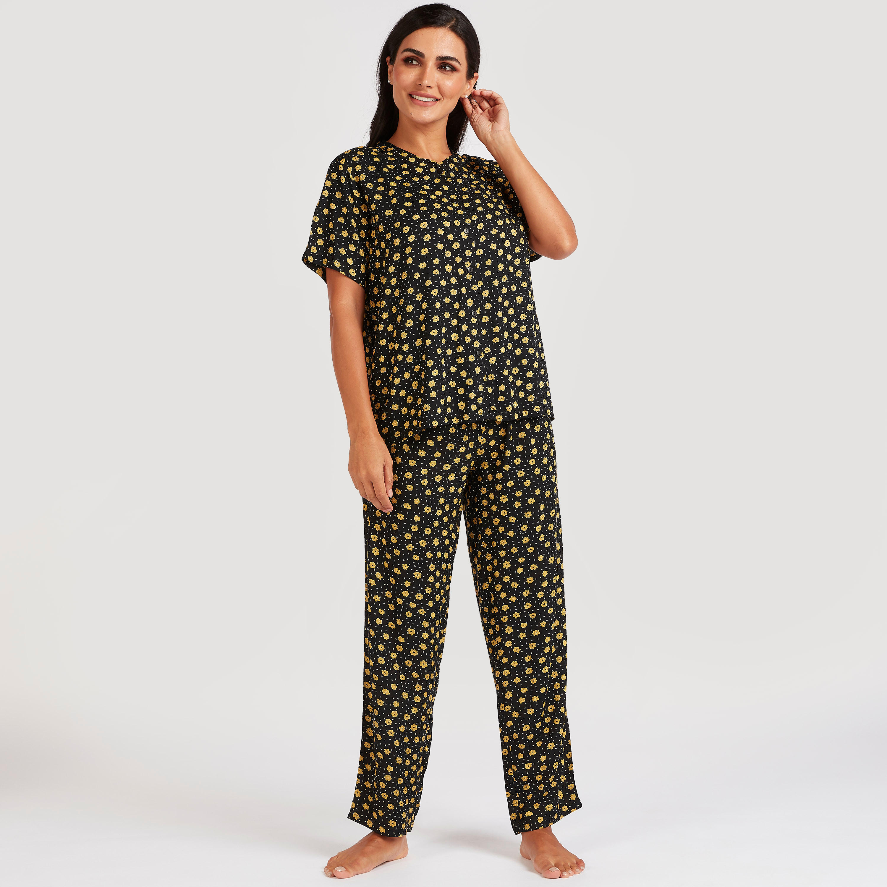 طقم بنطلون بيجاما وقميص بطبعات أزهار-women-clothing-nightwear-pyjamas-longsets-image-1