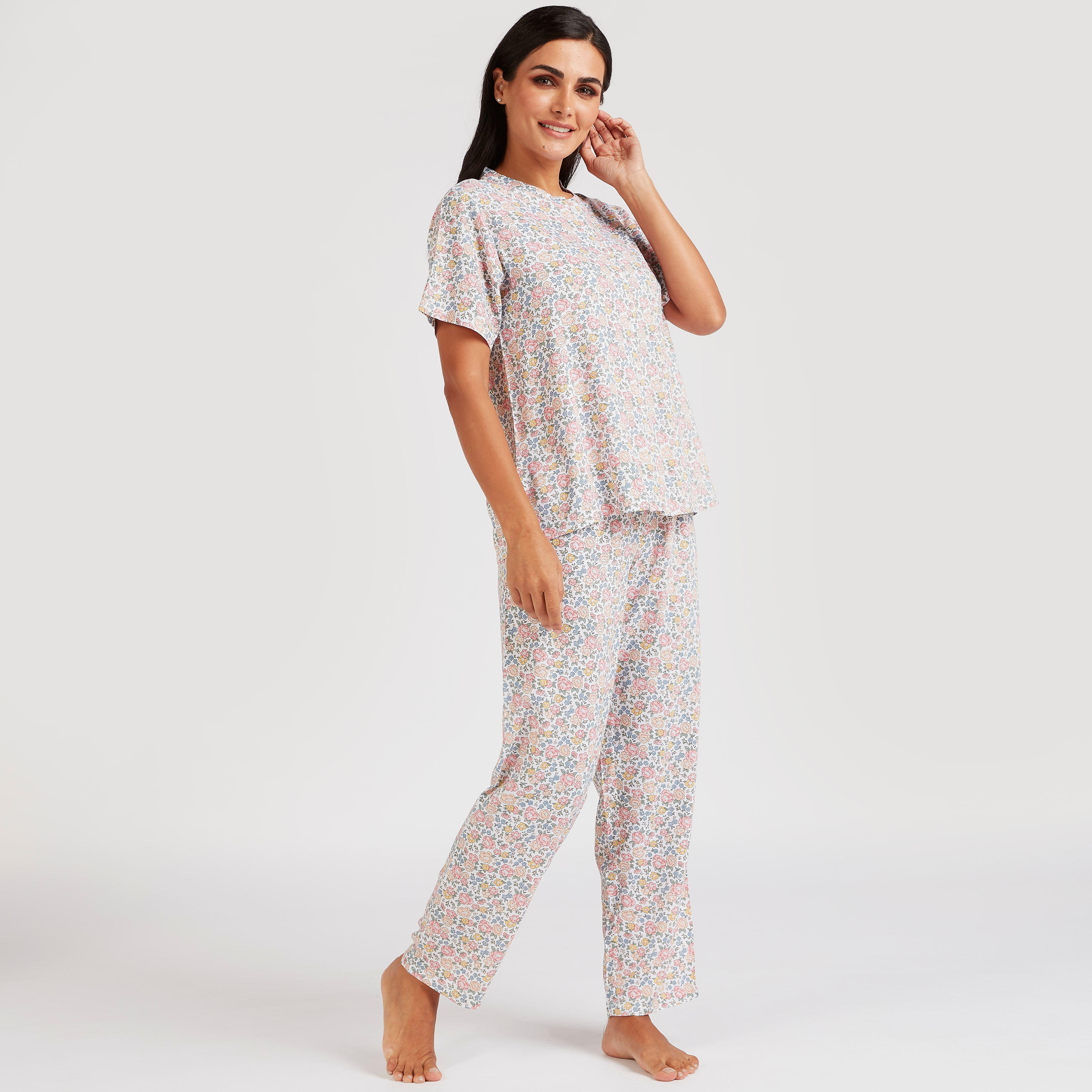 طقم بنطلون بيجاما وقميص بطبعات أزهار-women-clothing-nightwear-pyjamas-longsets-image-1