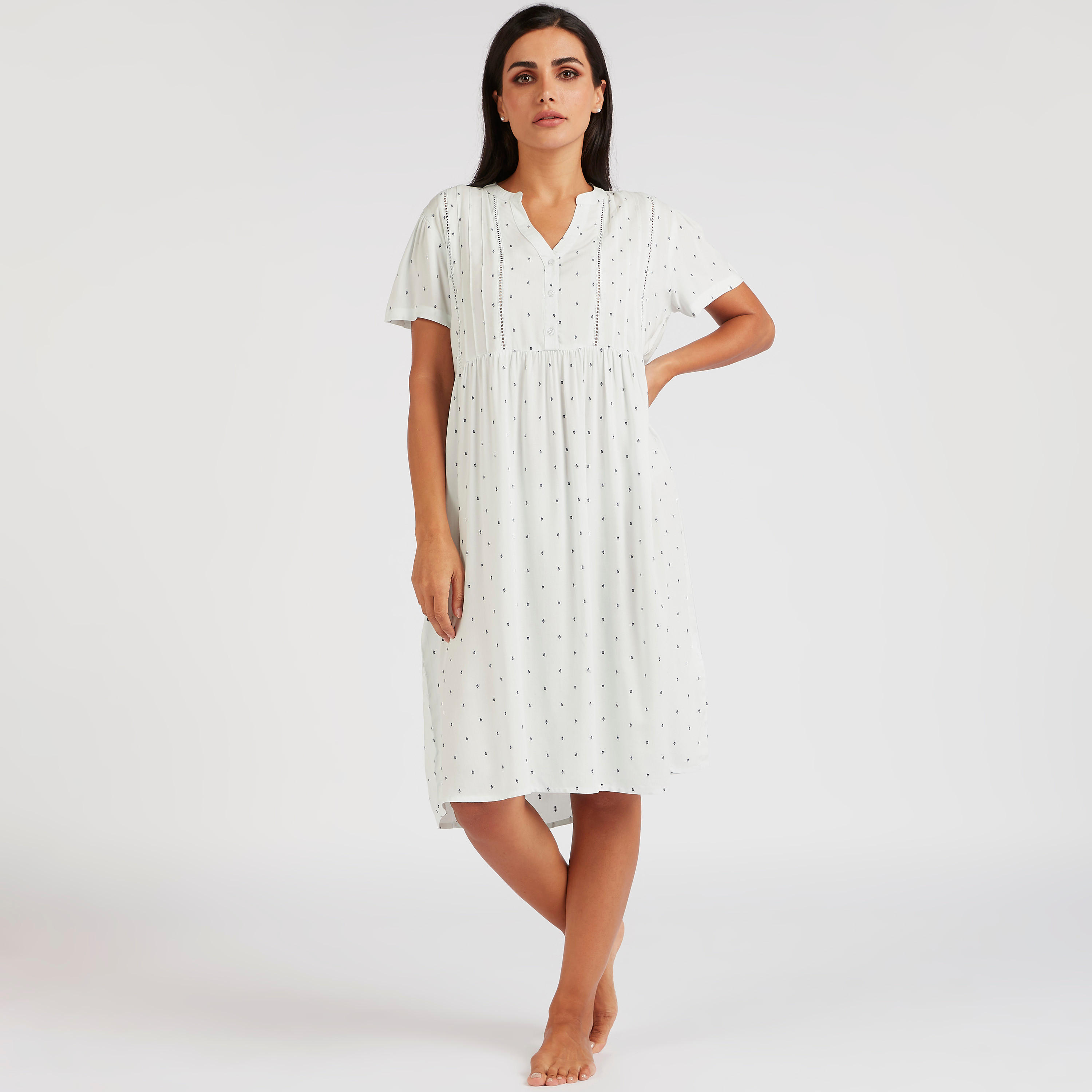 Printed V-neck Sleep Gown with Short Sleeves-women-clothing-nightwear-nighties-image-2