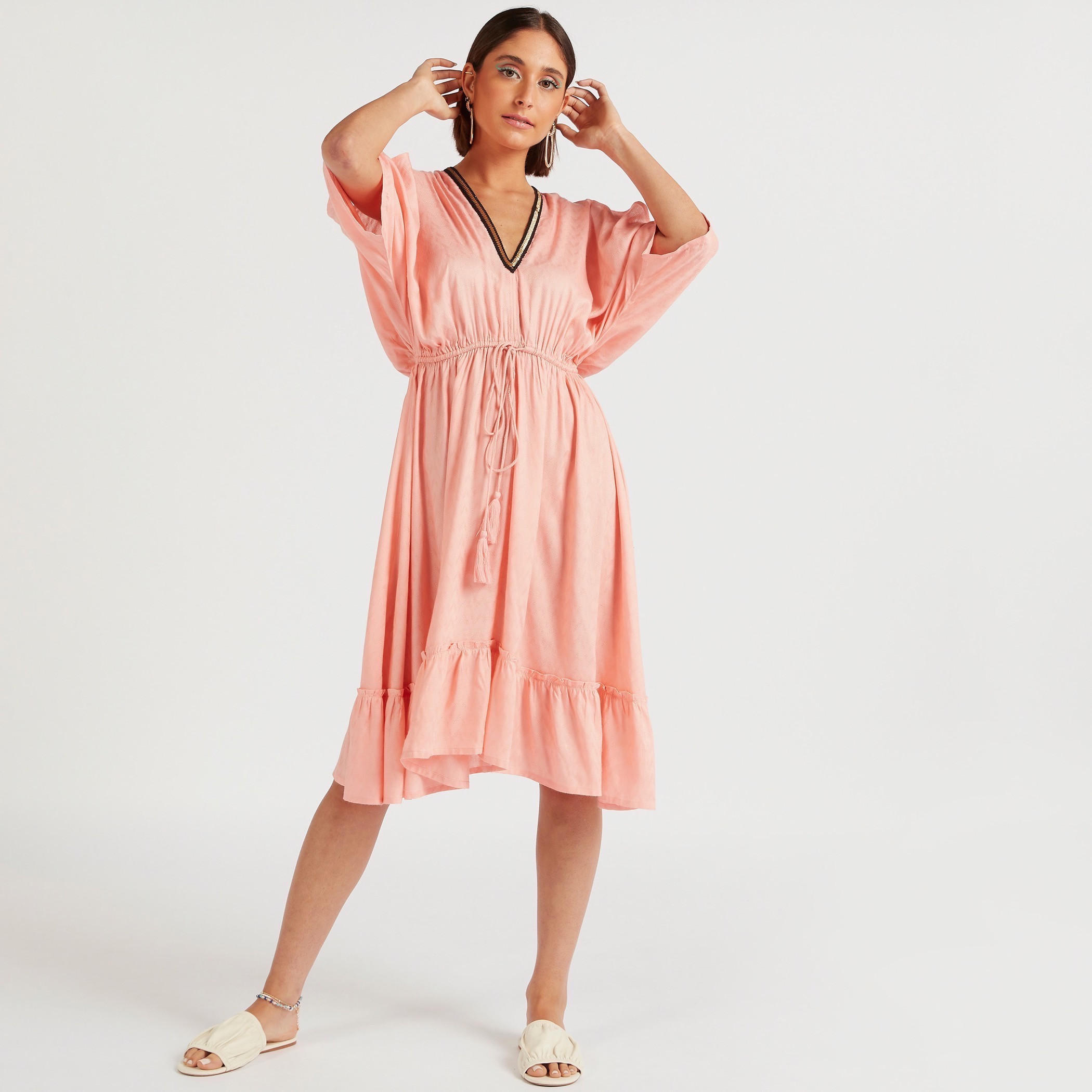 فستان مزيّن بياقة V وأكمام 3/4 ورباط-women-clothing-swimandbeach-beachwear-image-2