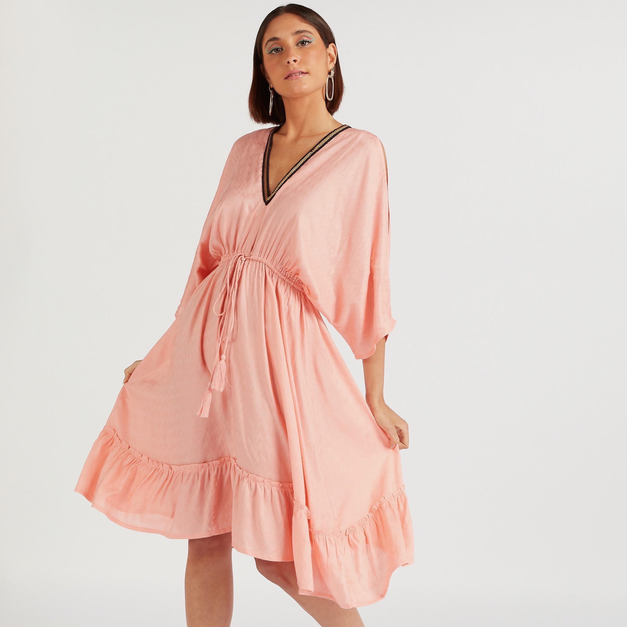 فستان مزيّن بياقة V وأكمام 3/4 ورباط-women-clothing-swimandbeach-beachwear-image-9