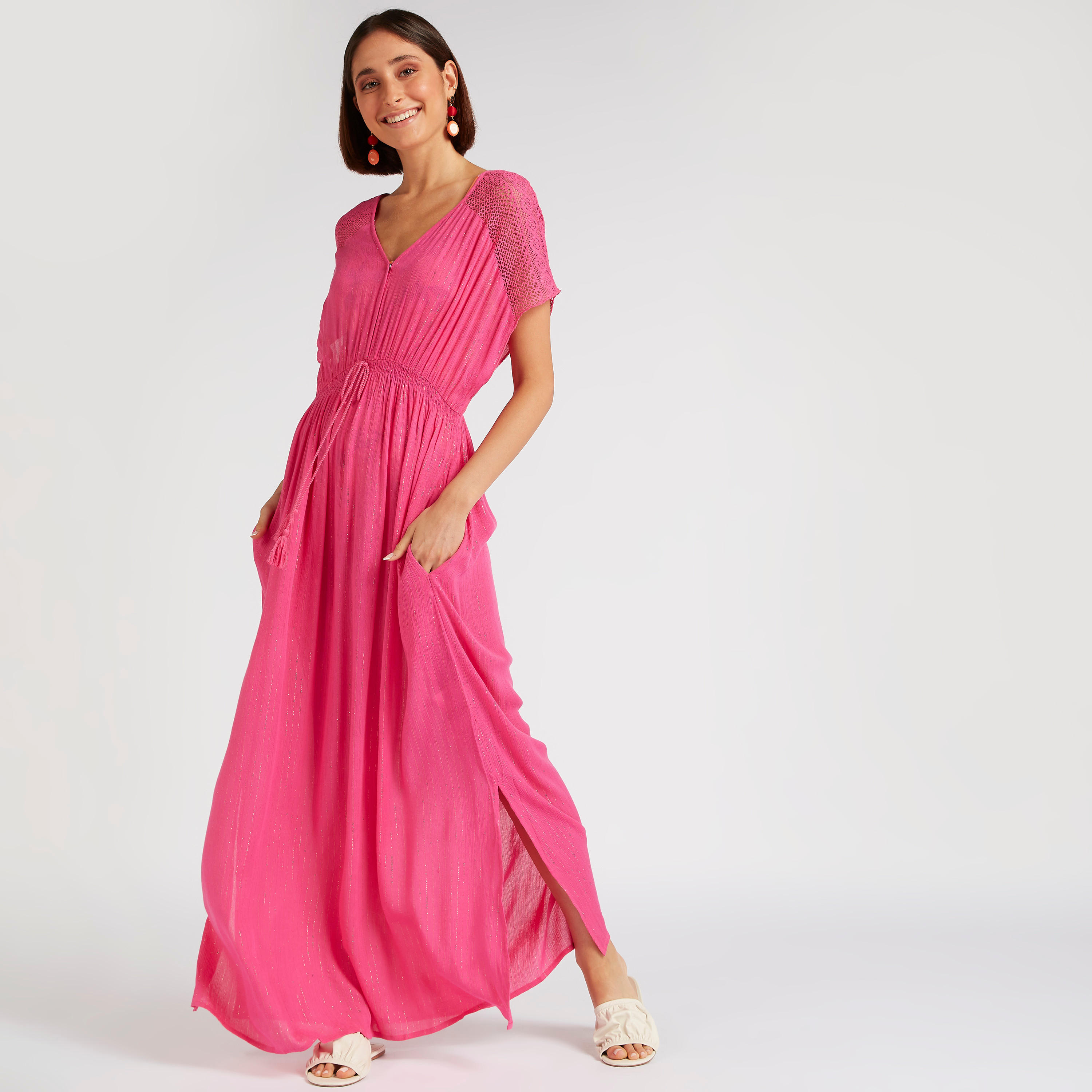 فستان طويل سادة بياقة v وأكمام قصيرة ورباط من بيتش وير-women-clothing-swimandbeach-beachwear-image-1