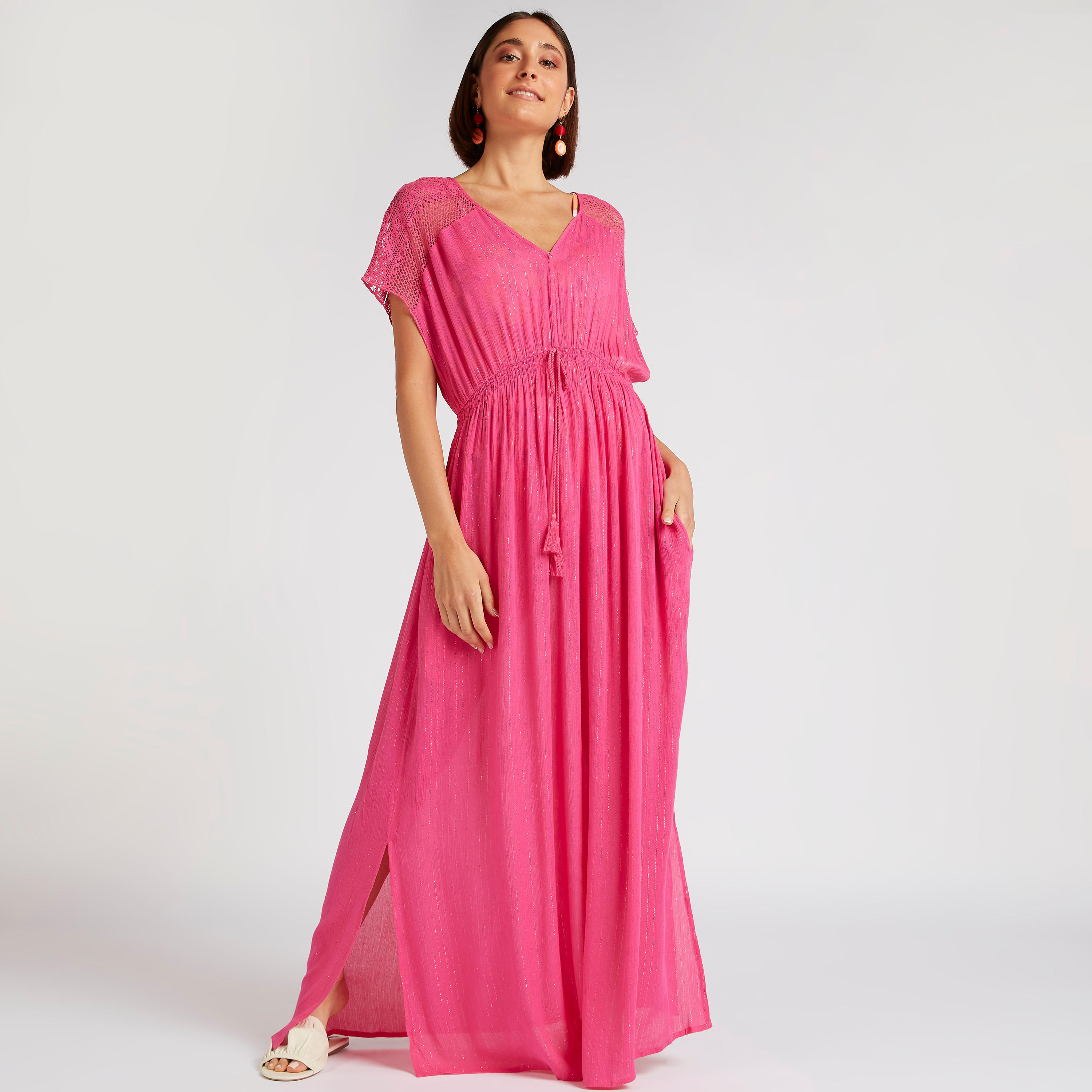 فستان طويل سادة بياقة v وأكمام قصيرة ورباط من بيتش وير-women-clothing-swimandbeach-beachwear-image-2