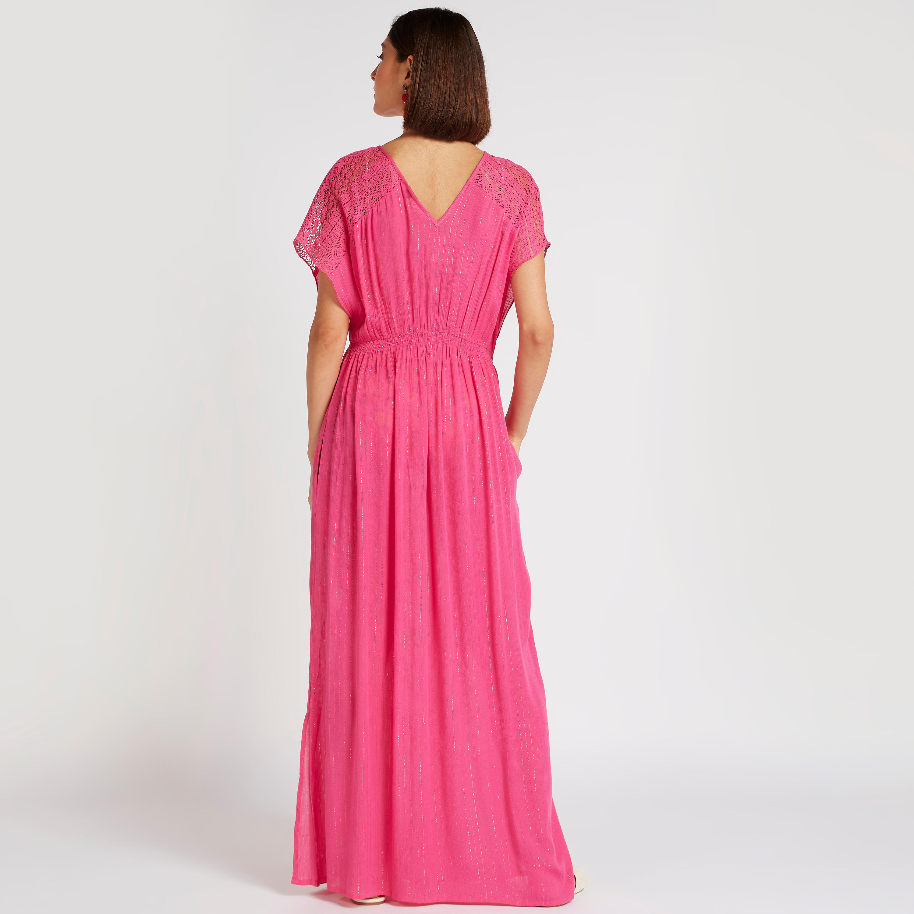 فستان طويل سادة بياقة v وأكمام قصيرة ورباط من بيتش وير-women-clothing-swimandbeach-beachwear-image-4