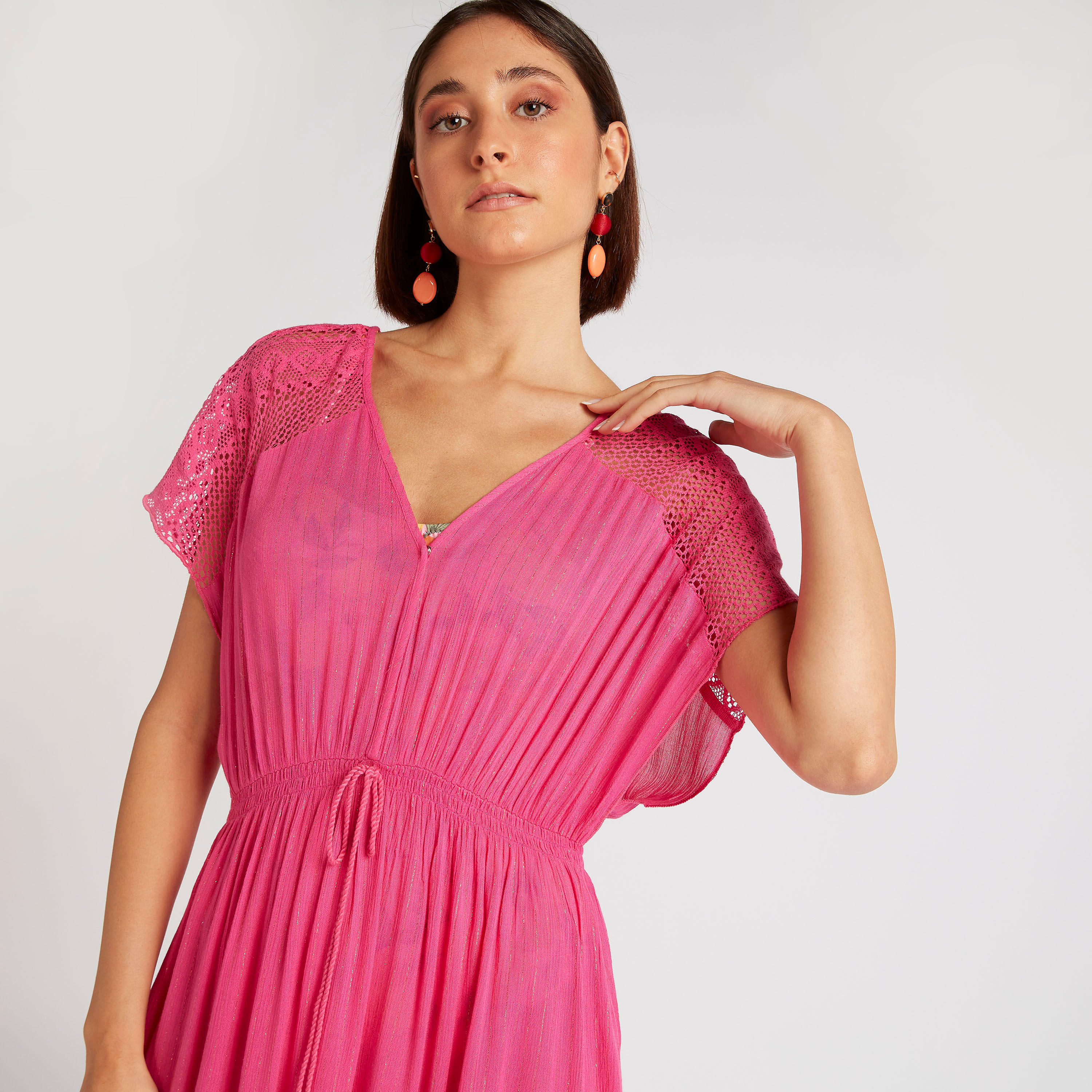 فستان طويل سادة بياقة v وأكمام قصيرة ورباط من بيتش وير-women-clothing-swimandbeach-beachwear-image-5