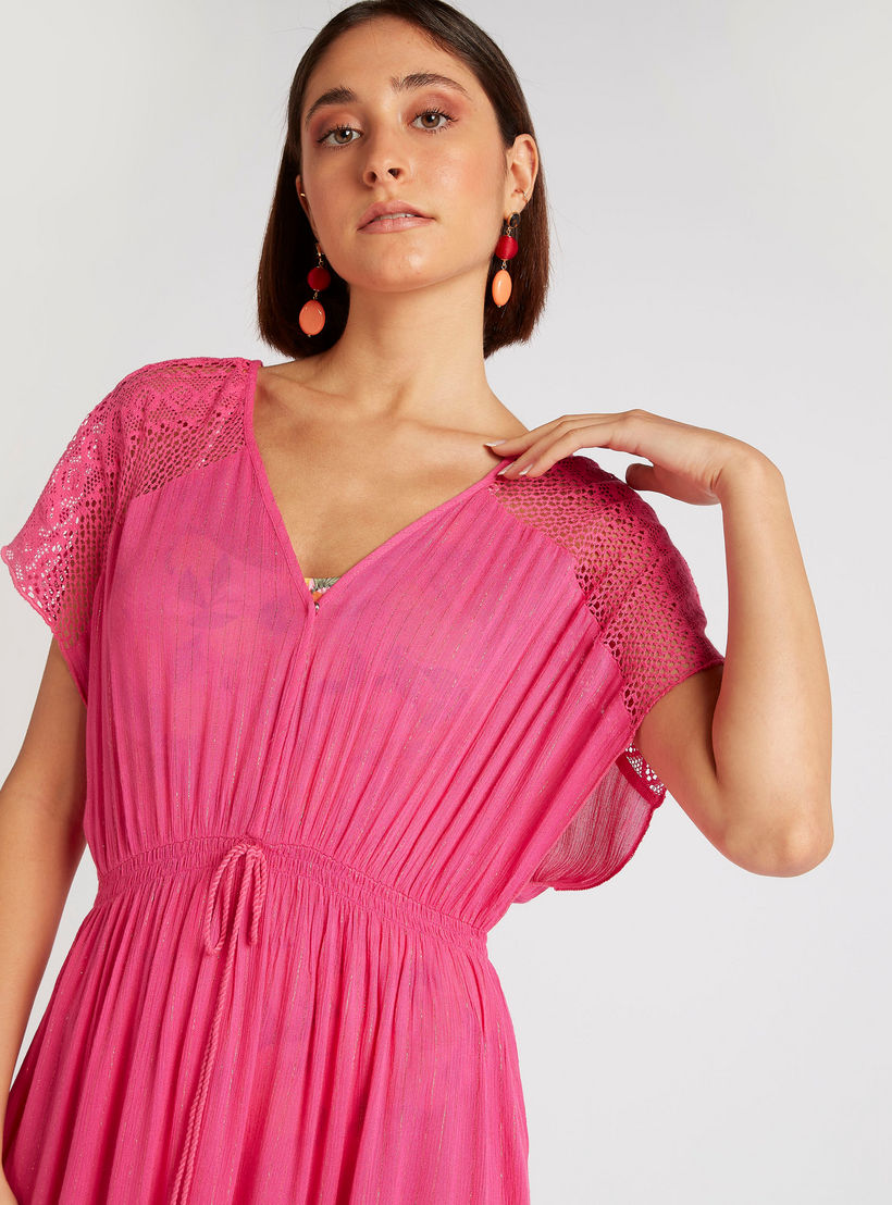 فستان طويل سادة بياقة v وأكمام قصيرة ورباط من بيتش وير-women-clothing-swimandbeach-beachwear-image-5
