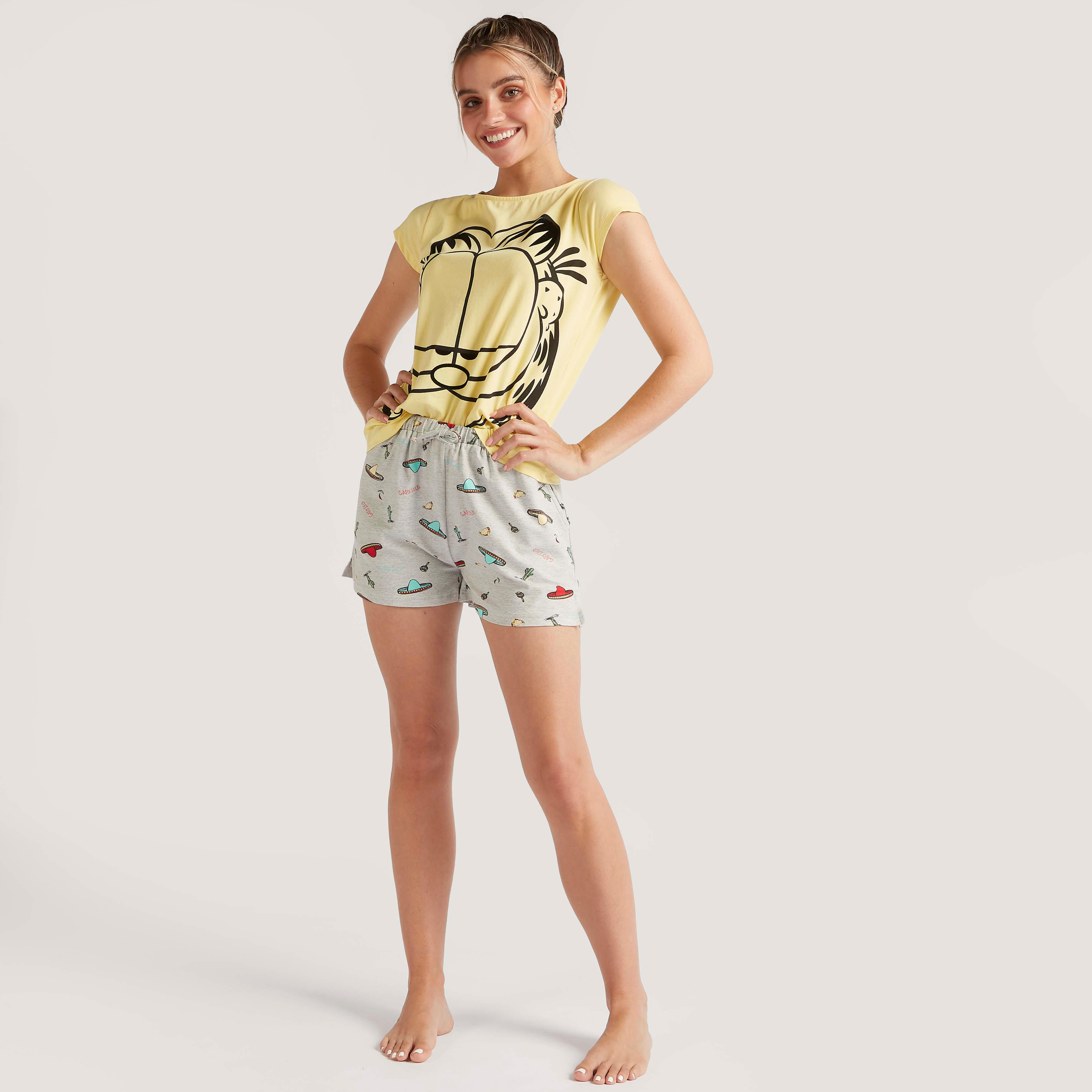 Printed Cap Sleeves T-shirt and Shorts Set-women-clothing-nightwear-pyjamas-longsets-image-2