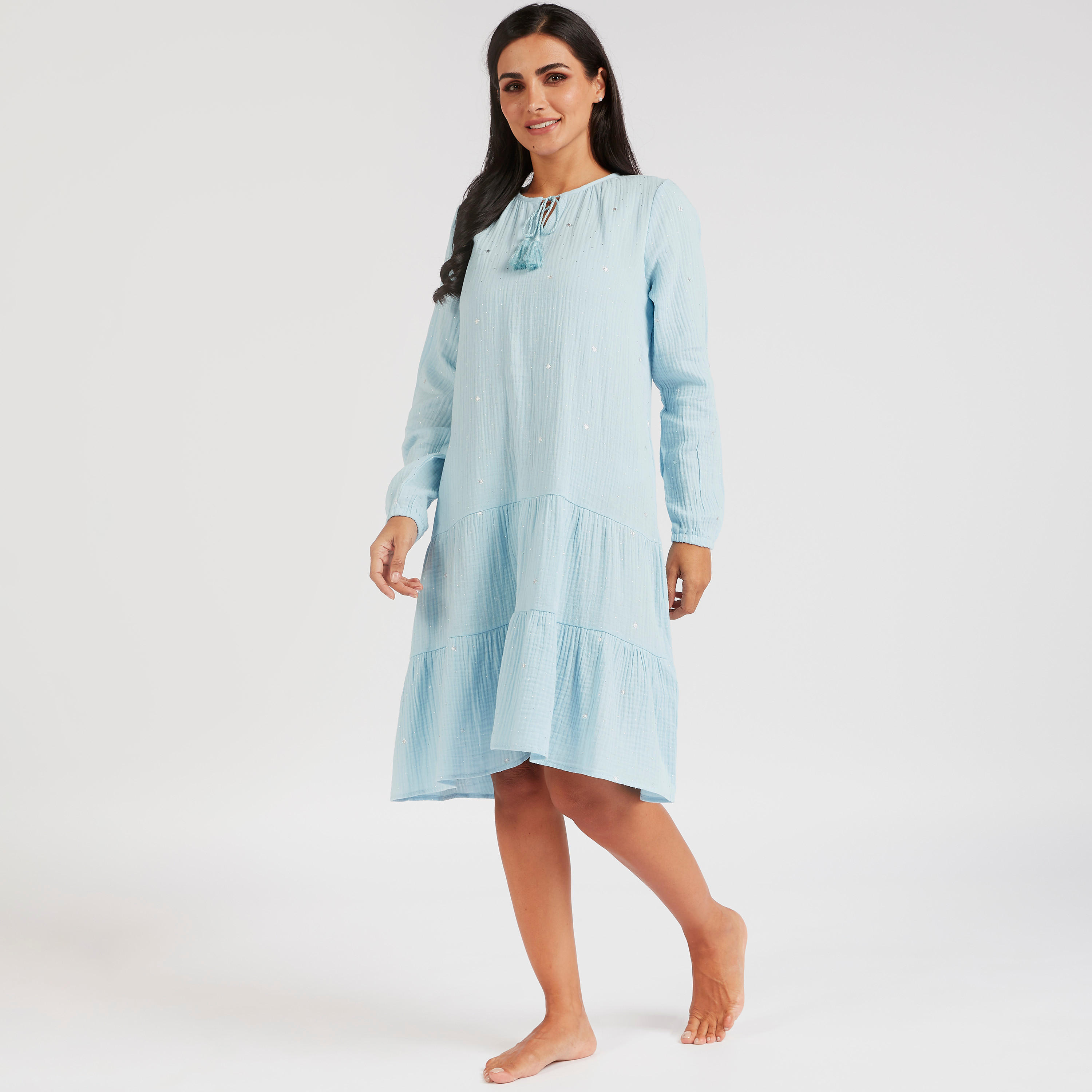 فستان سهرة قصير سادة بأكمام طويلة وأربطة-women-clothing-nightwear-nighties-image-1