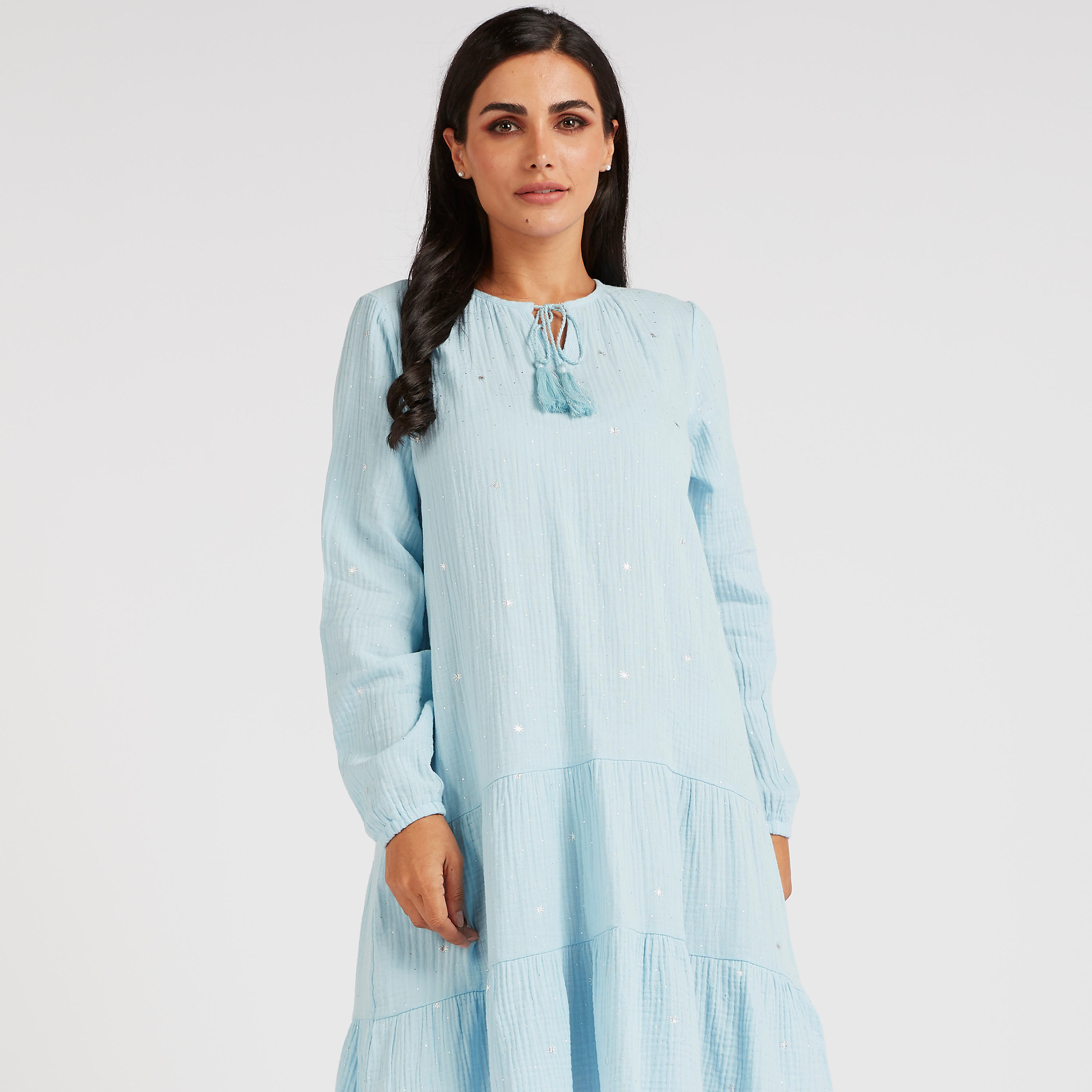 فستان سهرة قصير سادة بأكمام طويلة وأربطة-women-clothing-nightwear-nighties-image-2