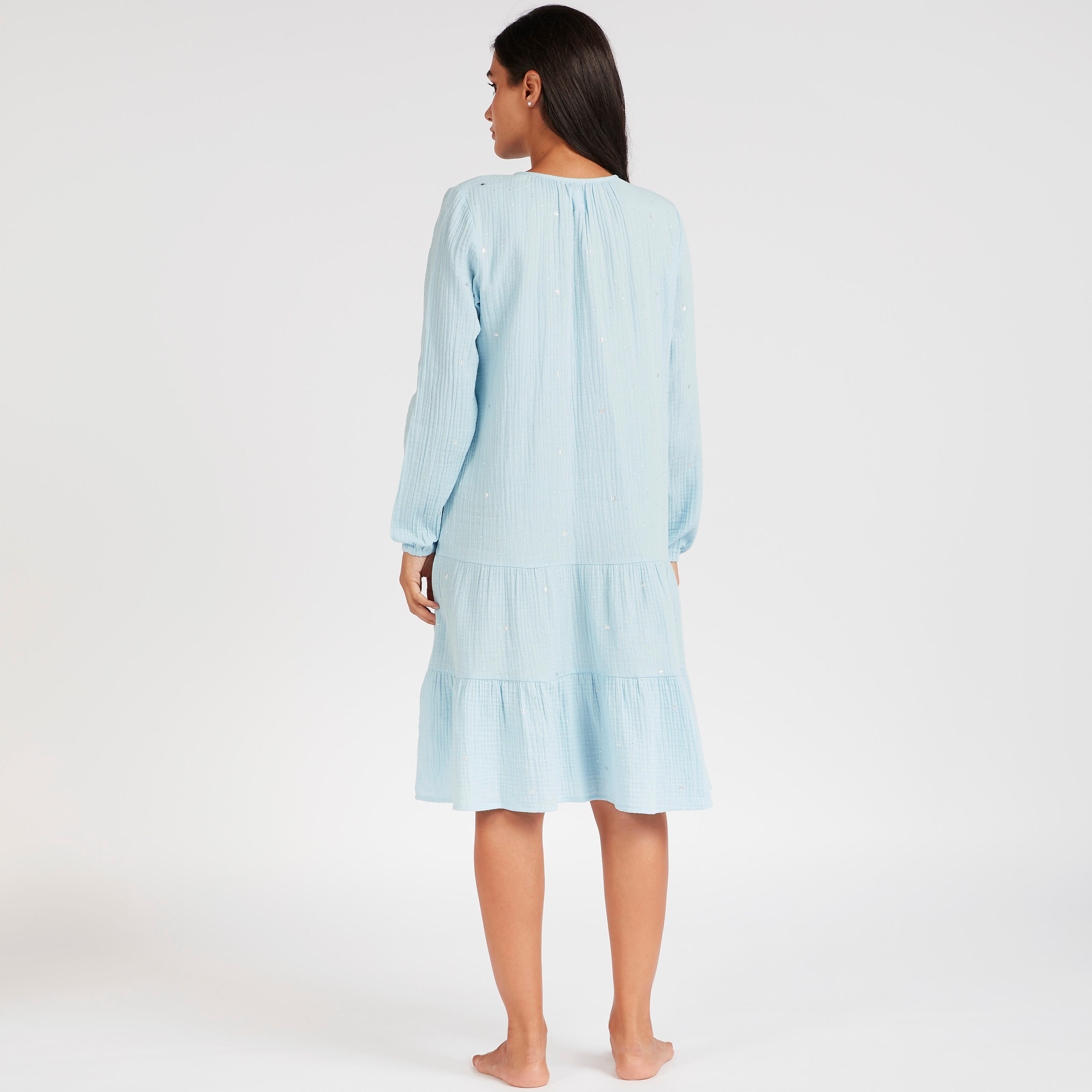 فستان سهرة قصير سادة بأكمام طويلة وأربطة-women-clothing-nightwear-nighties-image-4
