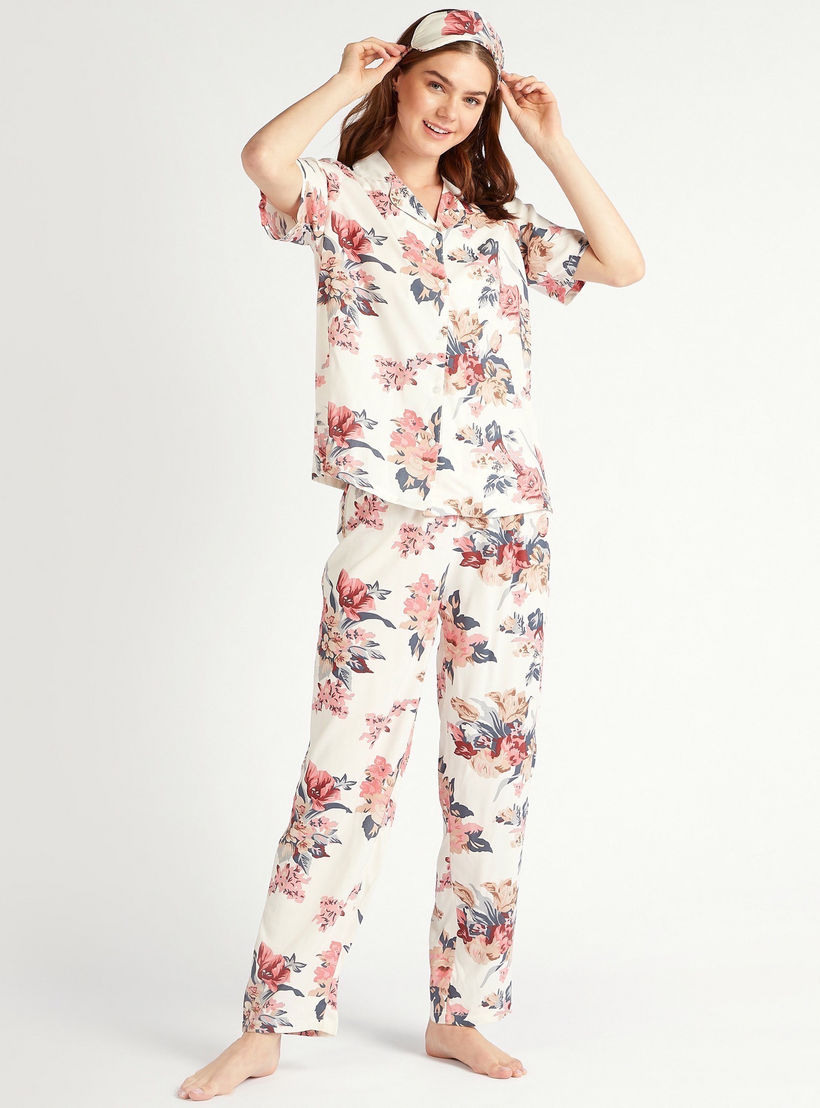 طقم بنطلون بيجاما وقميص بطبعات أزهار-women-clothing-nightwear-pyjamas-longsets-image-1