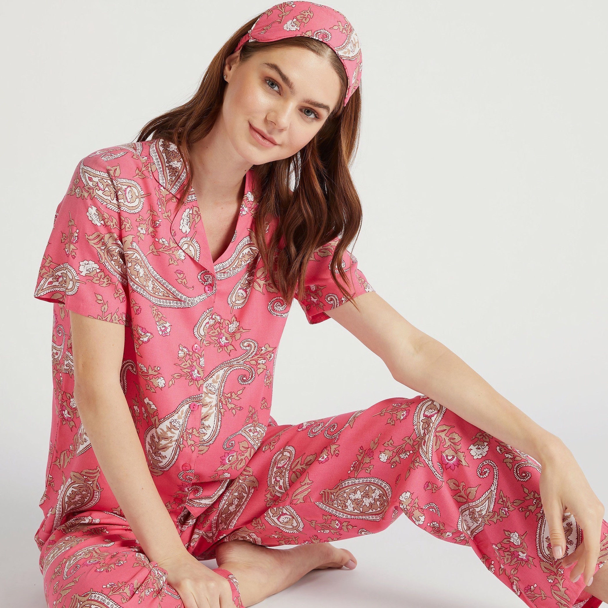 Paisley Print Short-Sleeved Shirt with Full Length Pyjama Set-women-clothing-nightwear-pyjamas-longsets-image-1