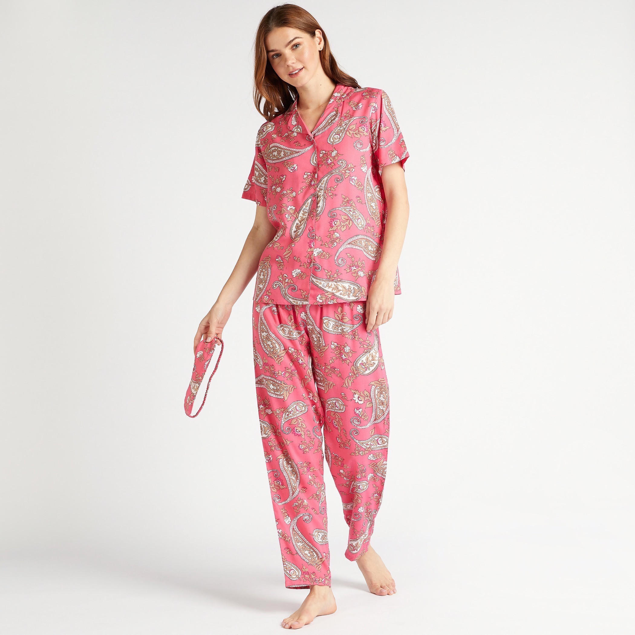 طقم بنطلون بيجاما طويل وقميص بأكمام قصيرة وطبعات بيزلي-women-clothing-nightwear-pyjamas-longsets-image-2