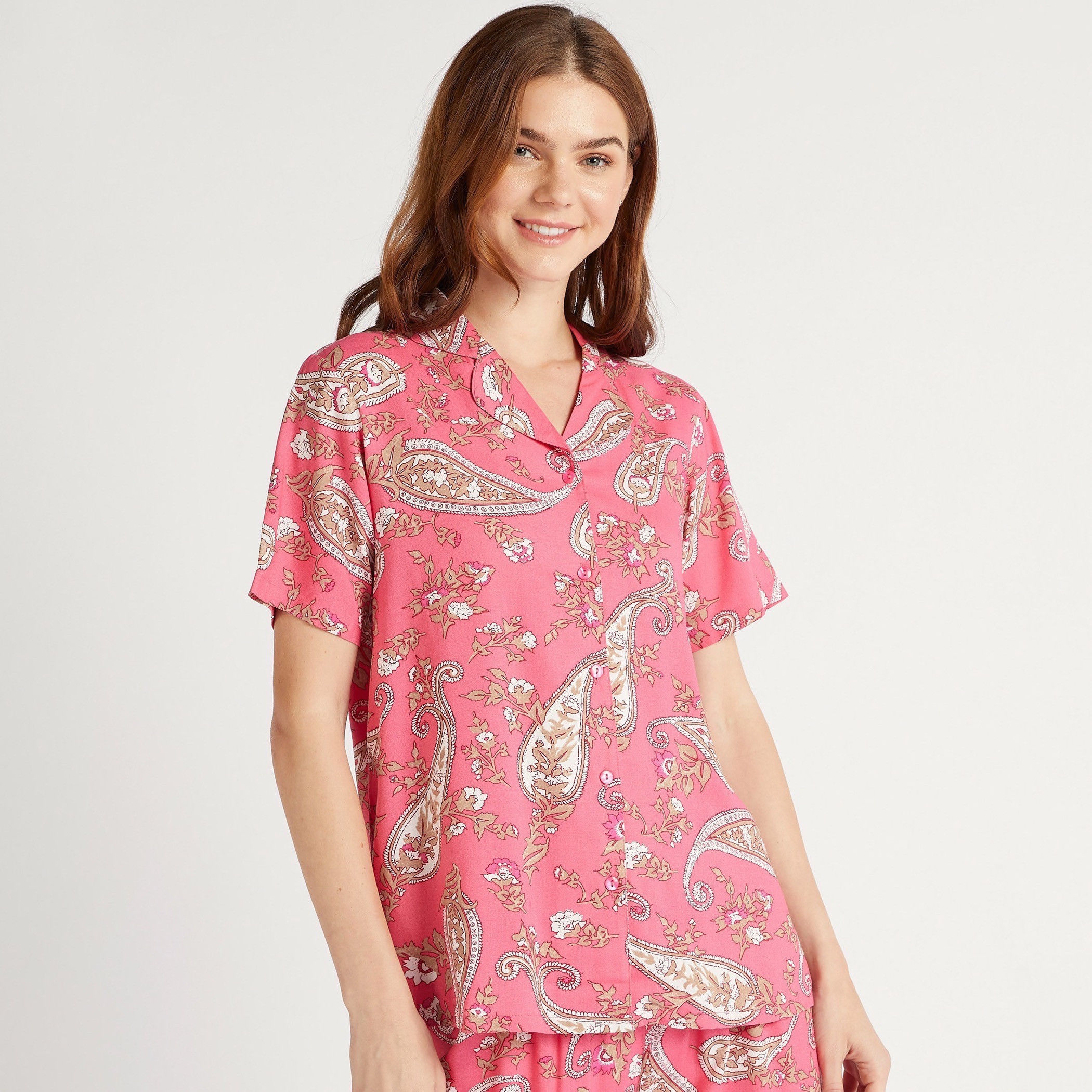 Paisley Print Short-Sleeved Shirt with Full Length Pyjama Set-women-clothing-nightwear-pyjamas-longsets-image-3
