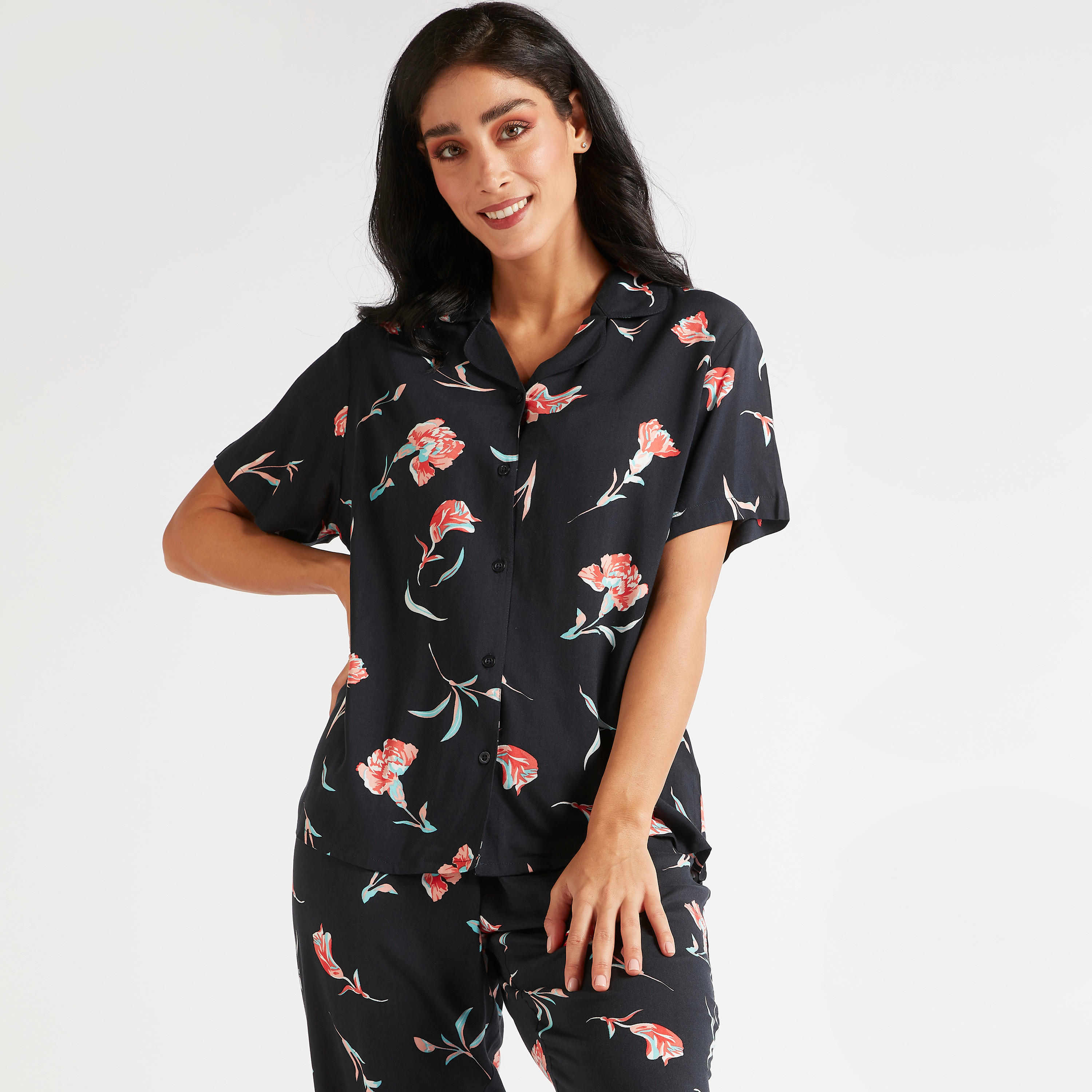 طقم بنطلون بيجاما طويل وقميص بطبعات أزهار وياقة عادية-women-clothing-nightwear-pyjamas-longsets-image-8