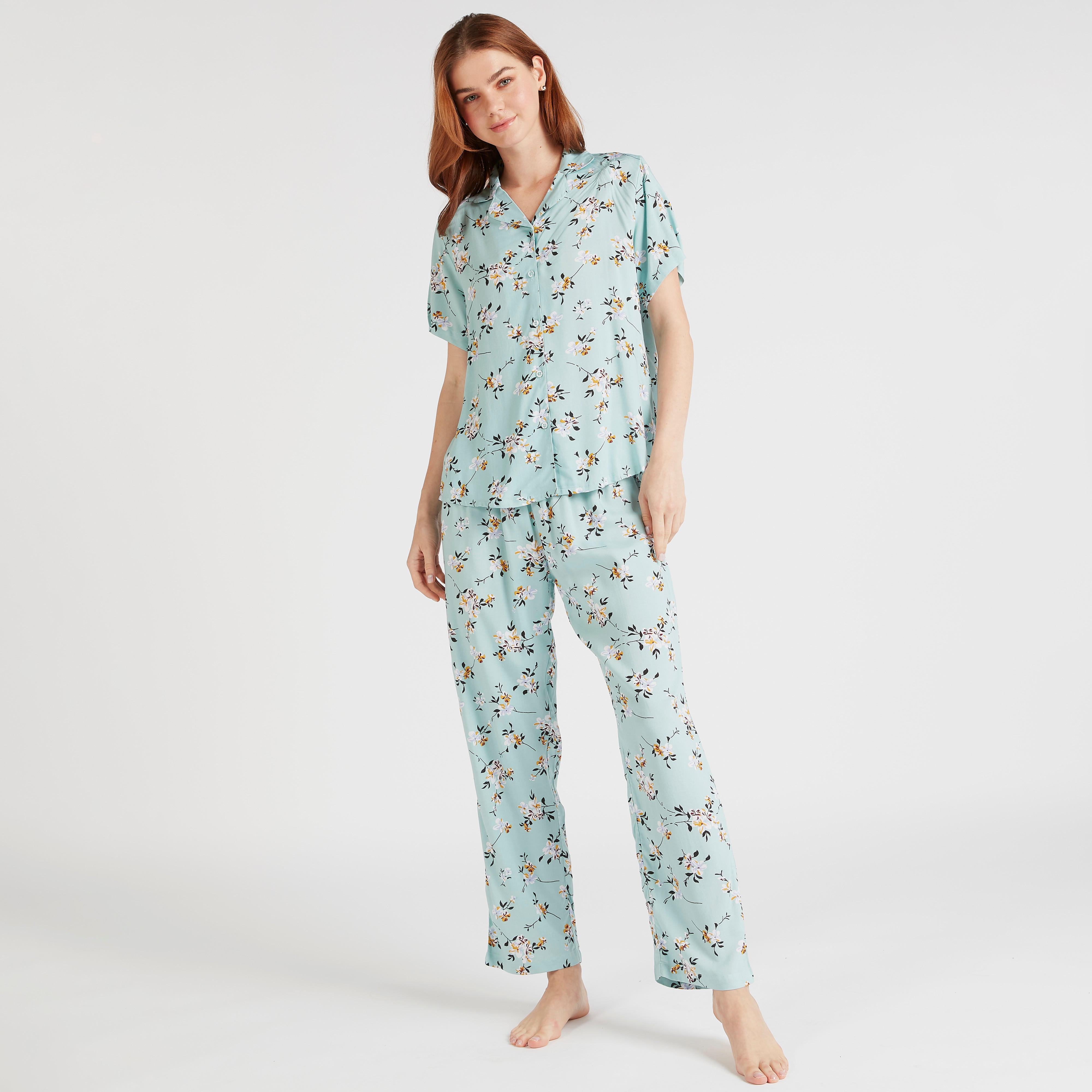 طقم بنطلون بيجاما وقميص بطبعات أزهار مع قناع عيون - 3 قطع-women-clothing-nightwear-pyjamas-longsets-image-2