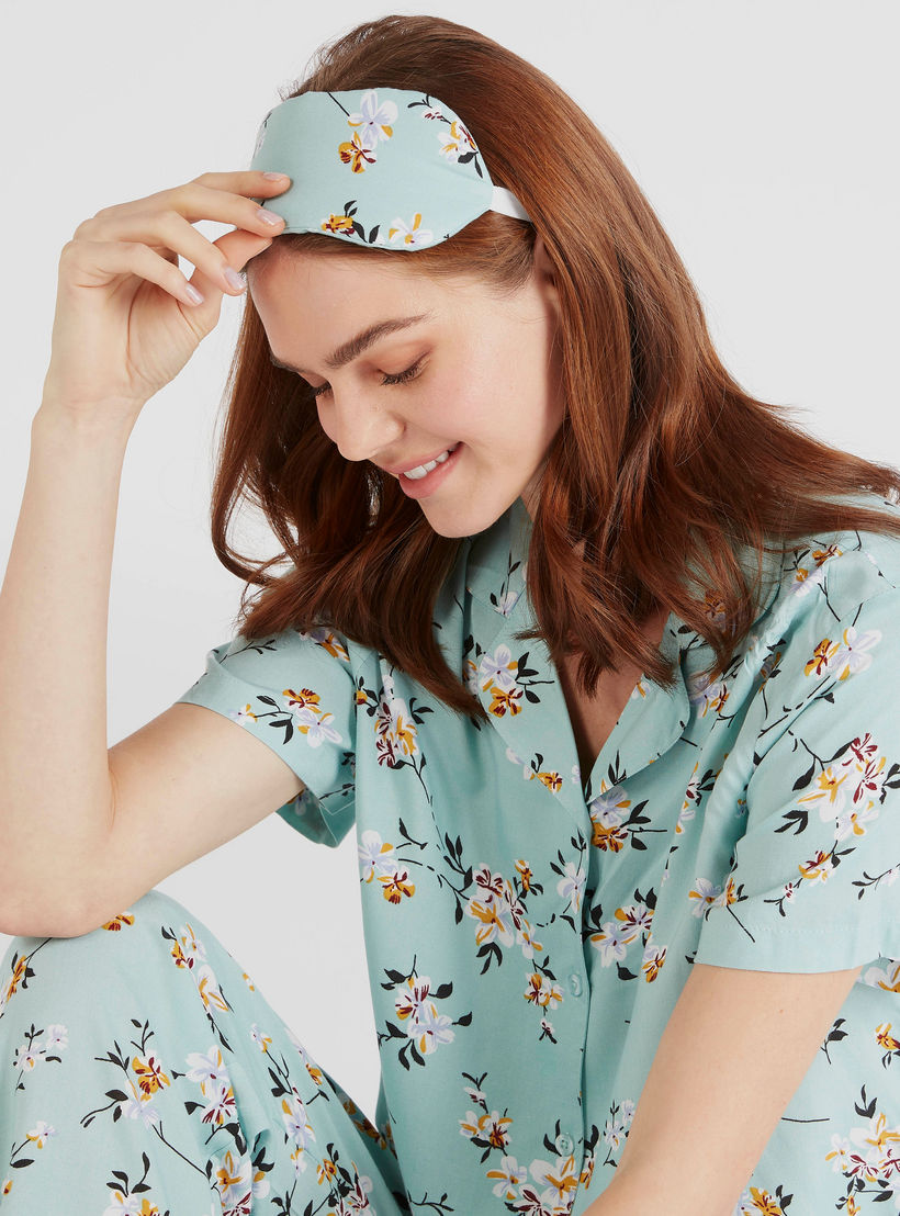 طقم بنطلون بيجاما وقميص بطبعات أزهار مع قناع عيون - 3 قطع-women-clothing-nightwear-pyjamas-longsets-image-3