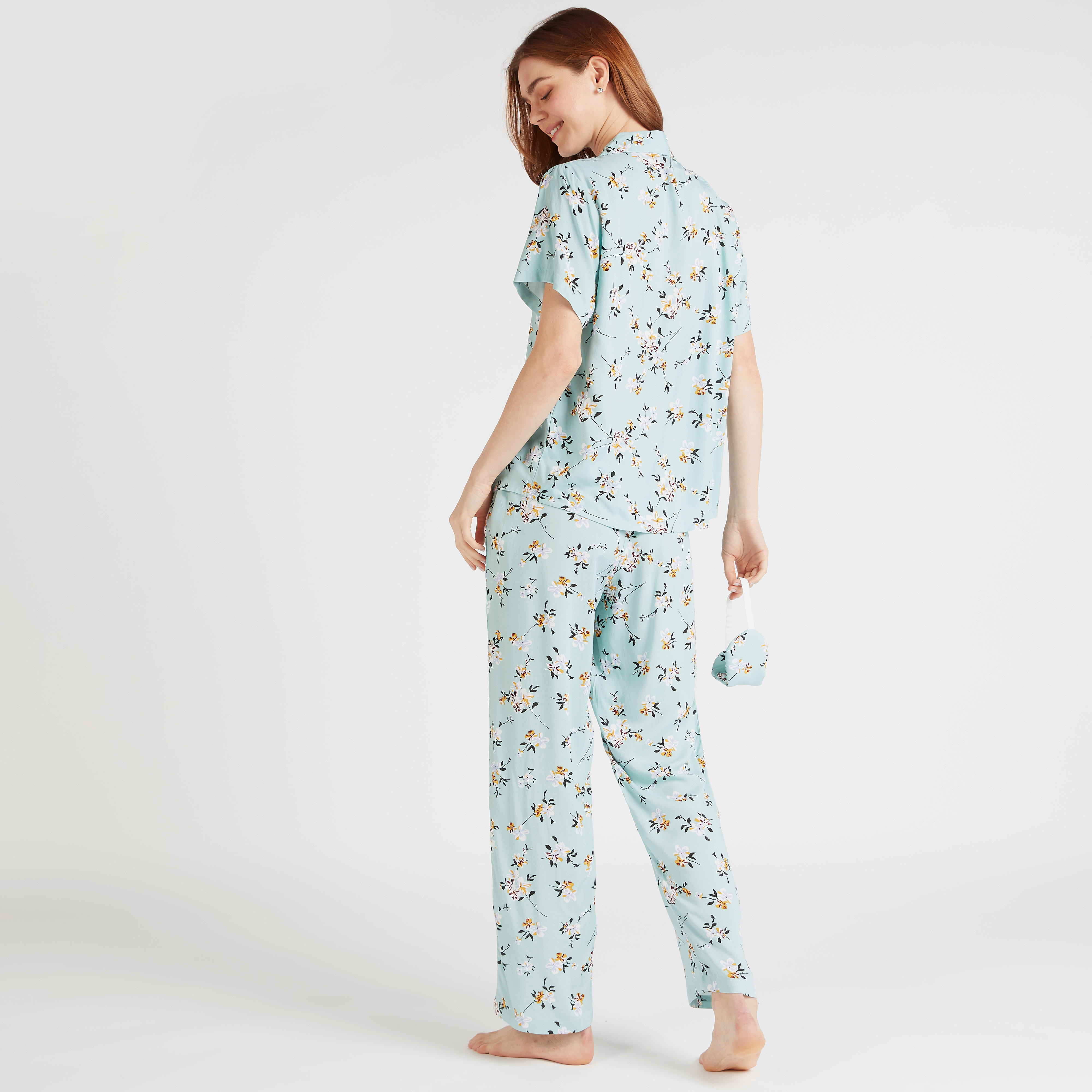 طقم بنطلون بيجاما وقميص بطبعات أزهار مع قناع عيون - 3 قطع-women-clothing-nightwear-pyjamas-longsets-image-4