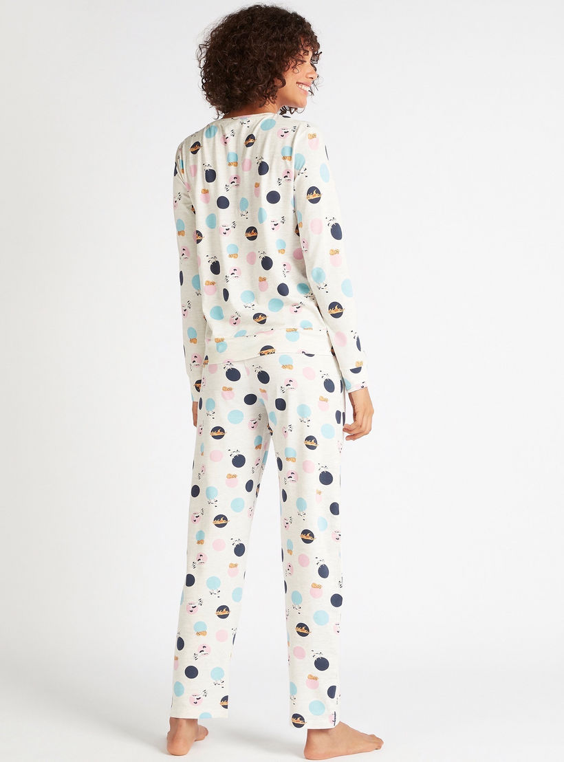 طقم بنطلون بيجاما طويل وتيشيرت بياقة بطبعات وقناع عيون-women-clothing-nightwear-pyjamas-longsets-image-4