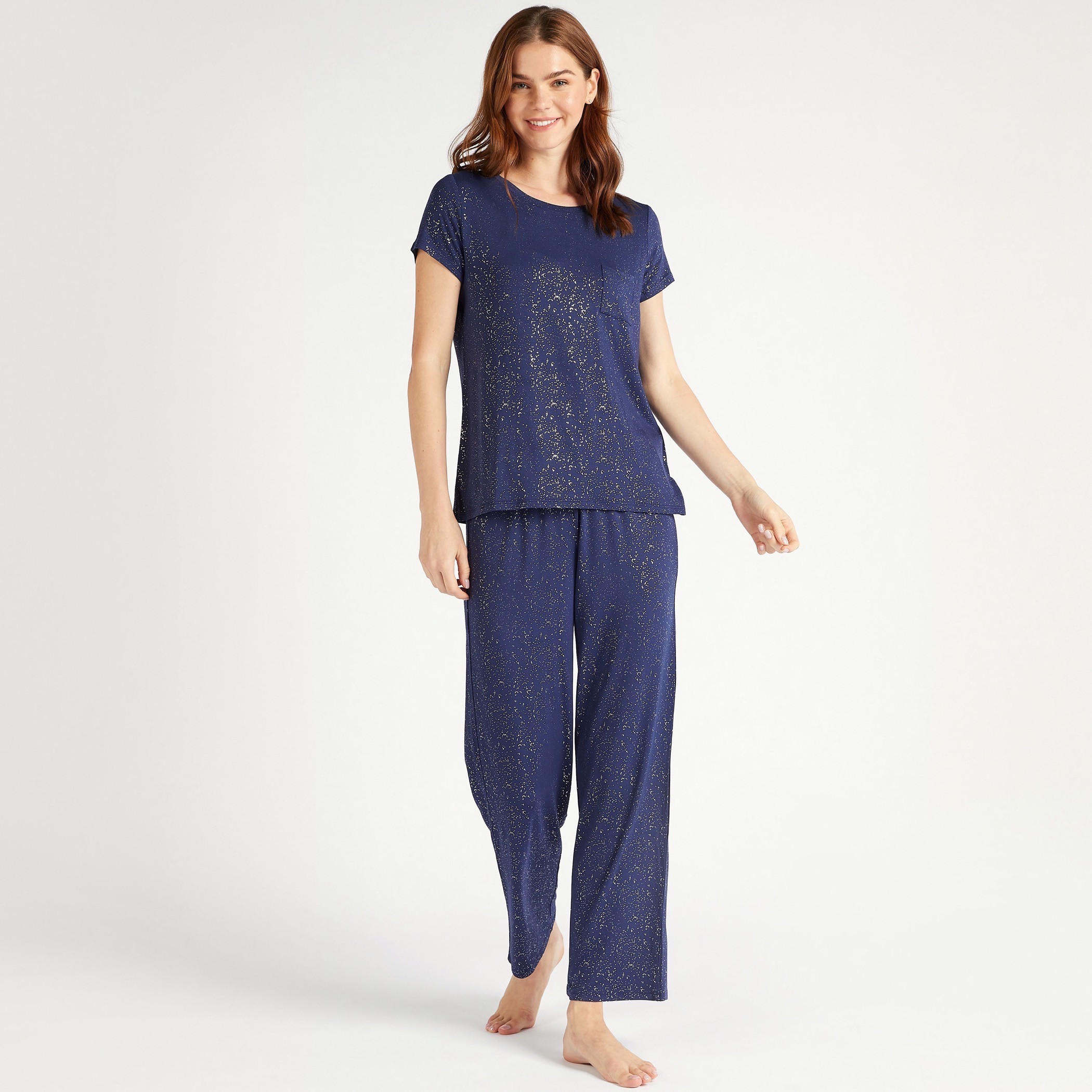 Splatter Print Round Neck T-shirt and Pyjama Set-women-clothing-nightwear-pyjamas-longsets-image-1