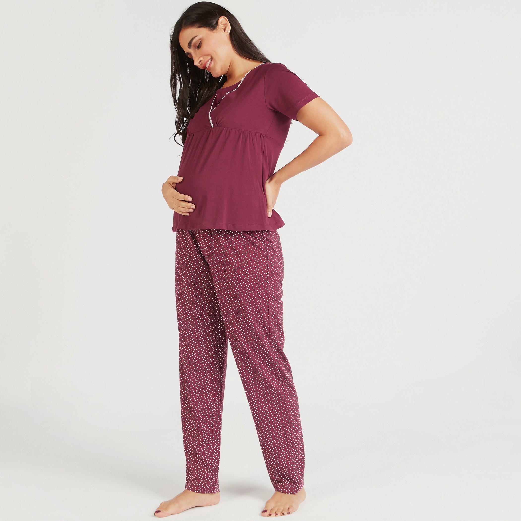 Solid Maternity T-shirt and Full Length Printed Pyjama Set-women-clothing-maternity-nightwear-image-1