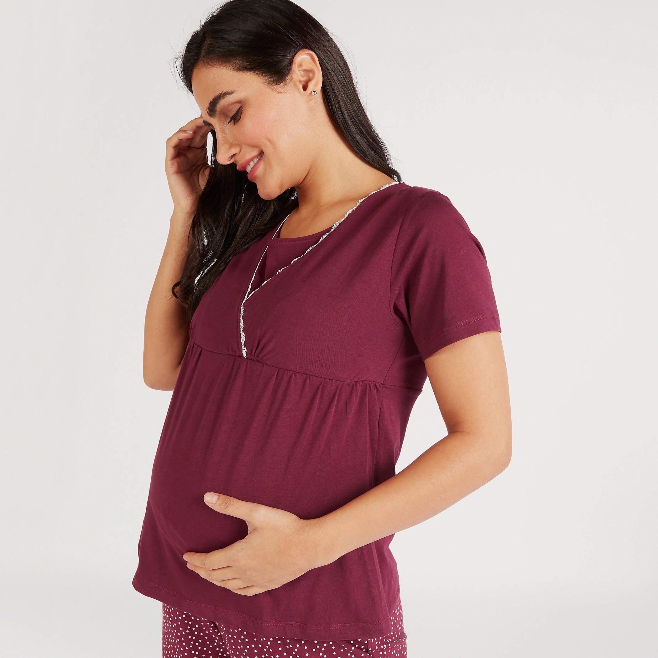 Solid Maternity T-shirt and Full Length Printed Pyjama Set-women-clothing-maternity-nightwear-image-2
