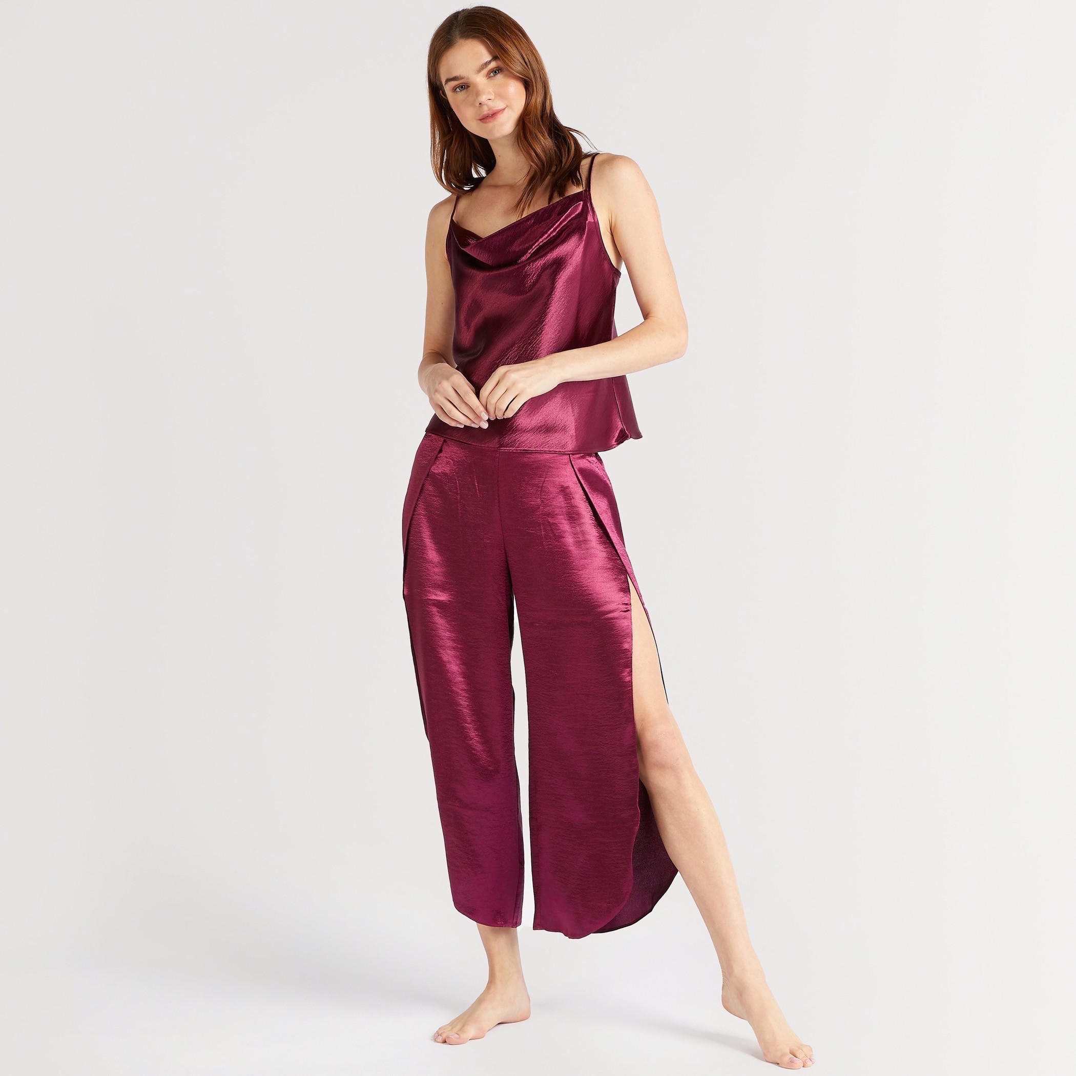 طقم بنطلون بيجاما وبلوزة سادة بياقة v وأحزمة-women-clothing-nightwear-pyjamas-longsets-image-5