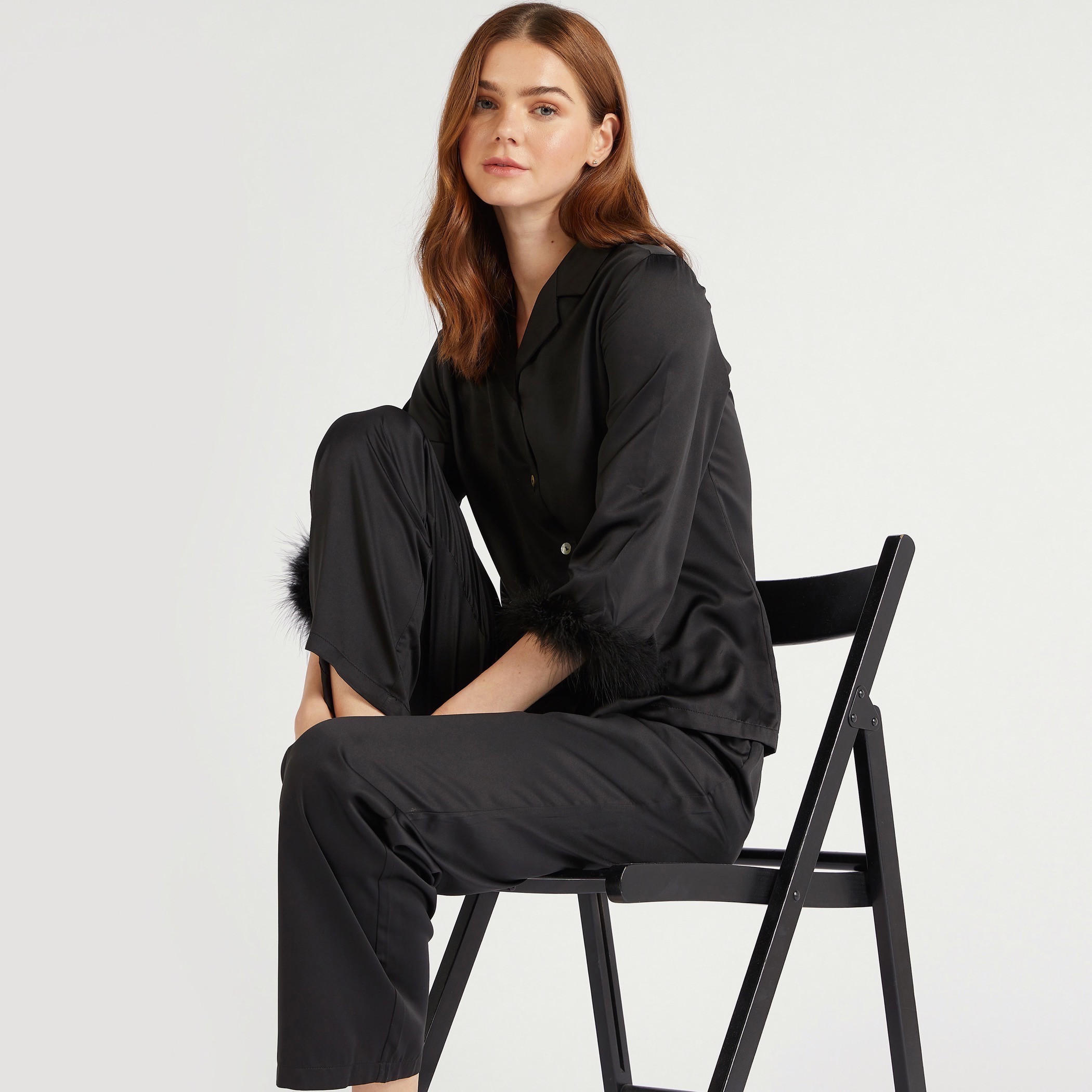 طقم قميص سادة بزر سفلي وبنطلون بيجاما طويل-women-clothing-nightwear-pyjamas-longsets-image-7