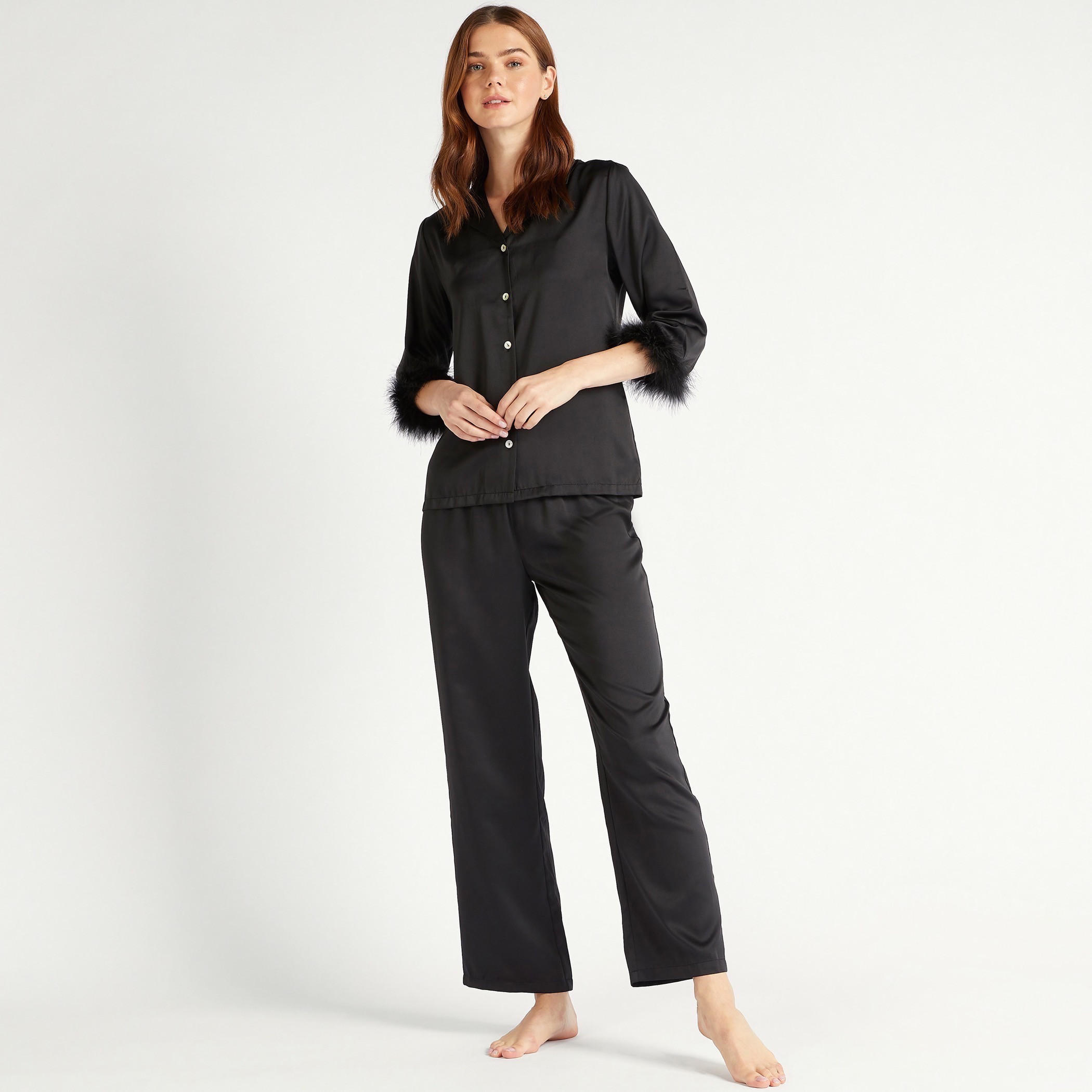 طقم قميص سادة بزر سفلي وبنطلون بيجاما طويل-women-clothing-nightwear-pyjamas-longsets-image-6