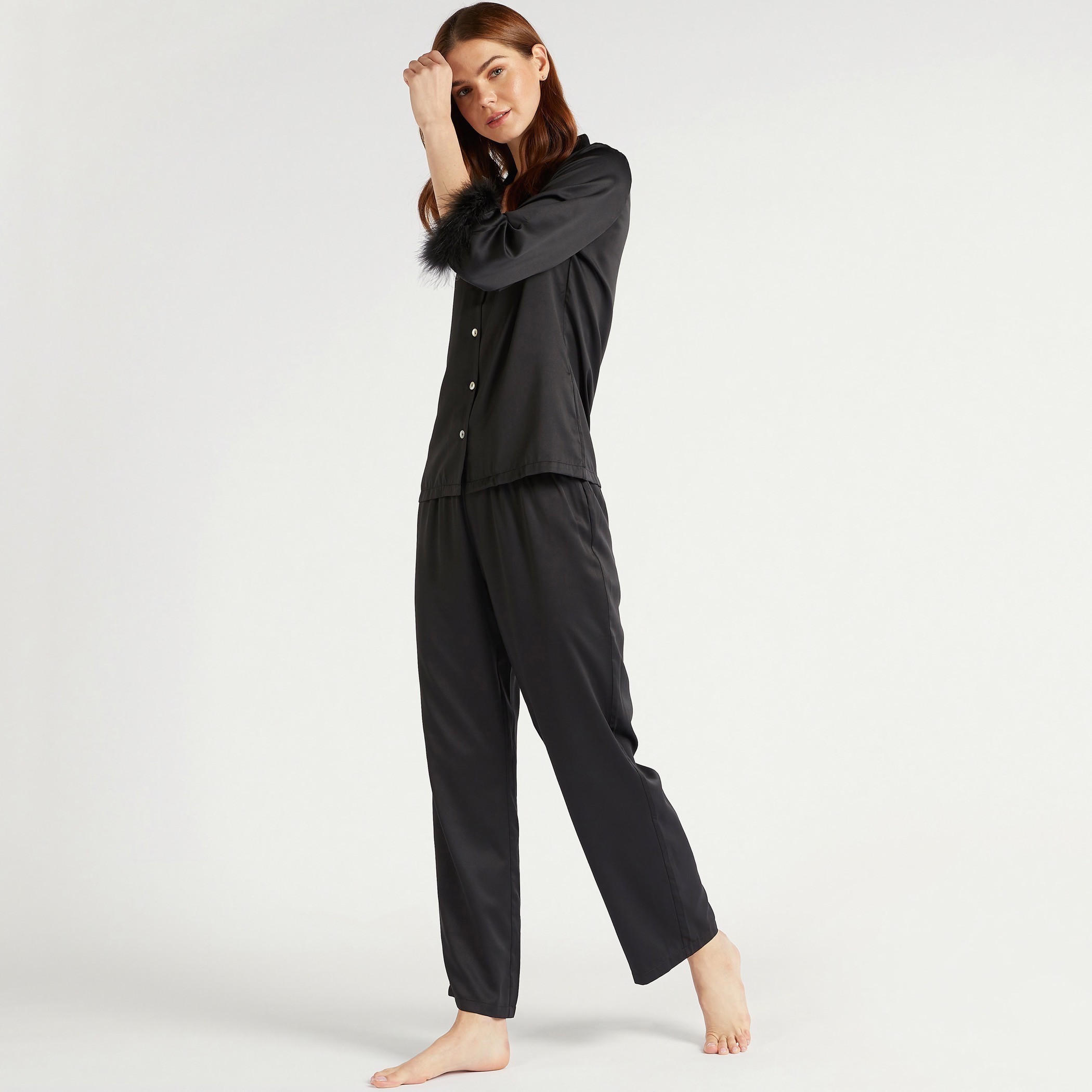 طقم قميص سادة بزر سفلي وبنطلون بيجاما طويل-women-clothing-nightwear-pyjamas-longsets-image-1