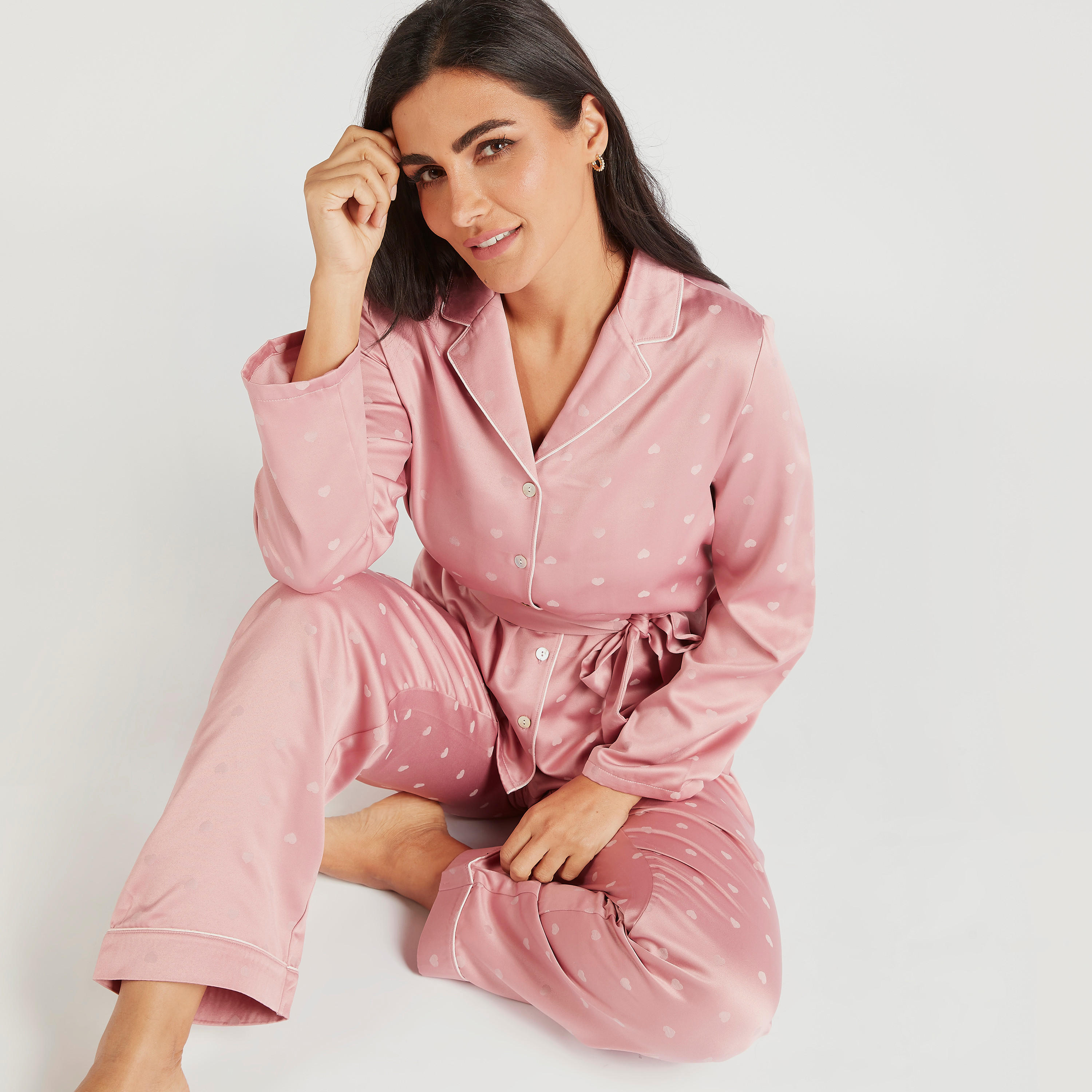 All-Over Heart Print Belted Shirt and Full Length Pyjama Set-women-clothing-nightwear-pyjamas-longsets-image-1