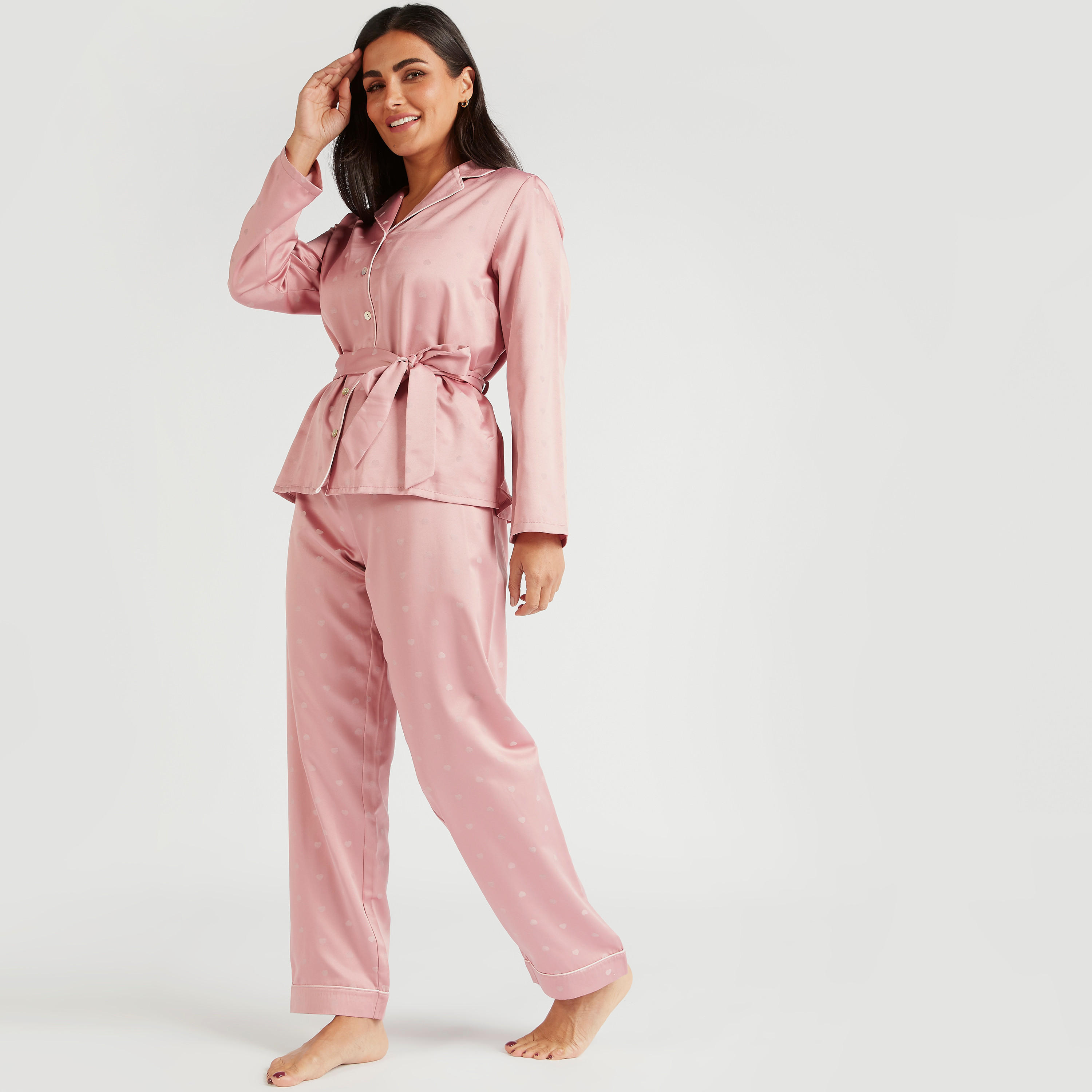 All-Over Heart Print Belted Shirt and Full Length Pyjama Set-women-clothing-nightwear-pyjamas-longsets-image-2