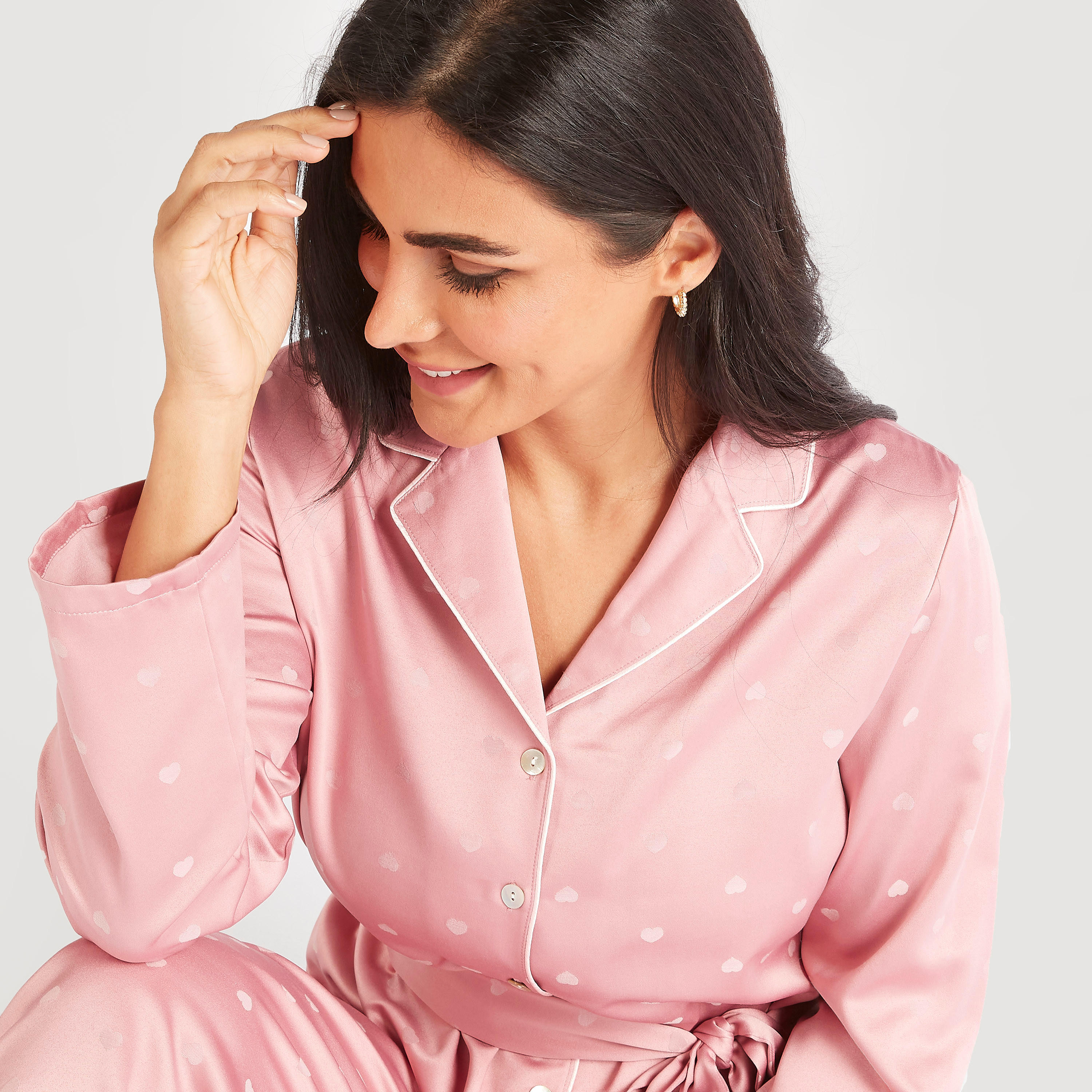 All-Over Heart Print Belted Shirt and Full Length Pyjama Set-women-clothing-nightwear-pyjamas-longsets-image-3