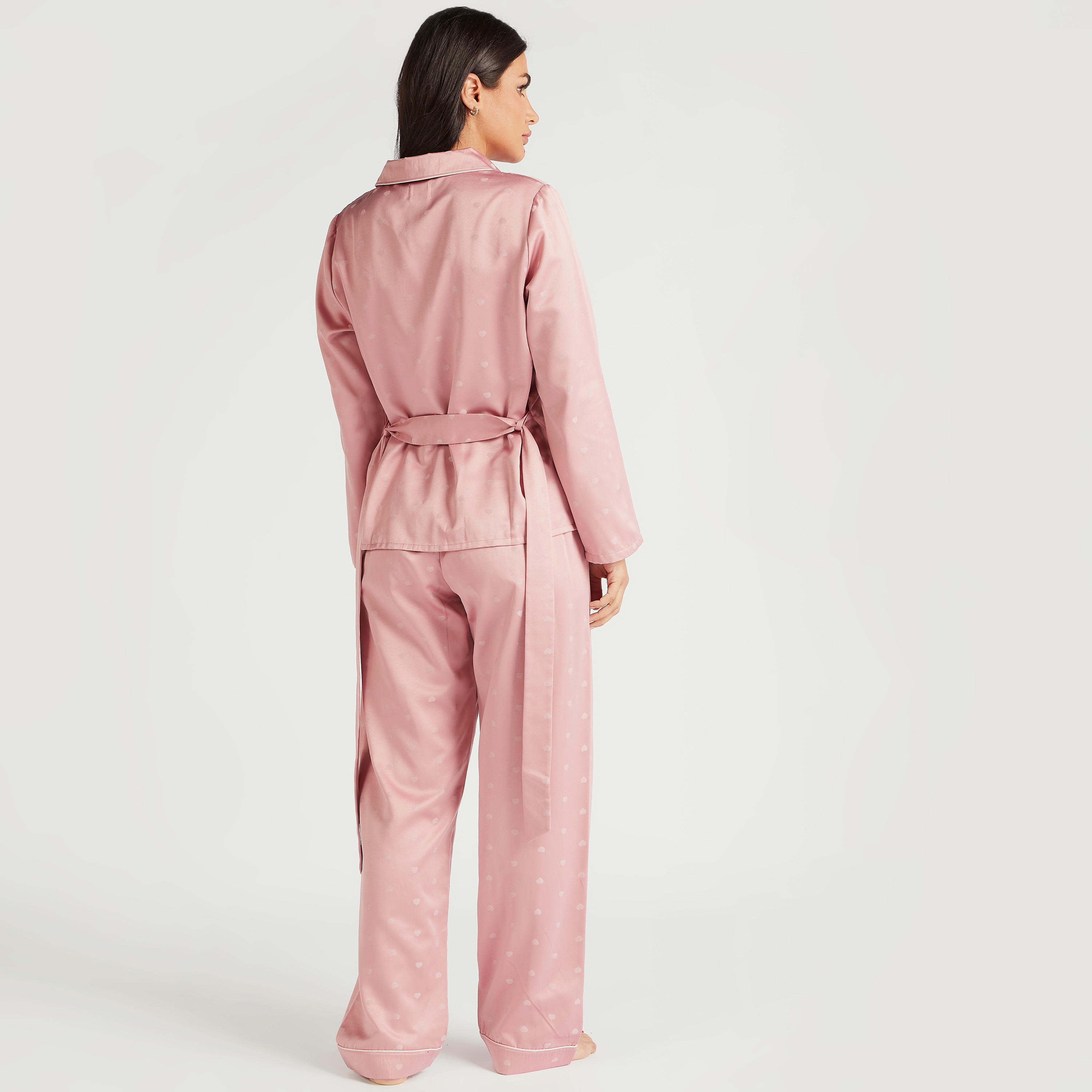 All-Over Heart Print Belted Shirt and Full Length Pyjama Set-women-clothing-nightwear-pyjamas-longsets-image-4