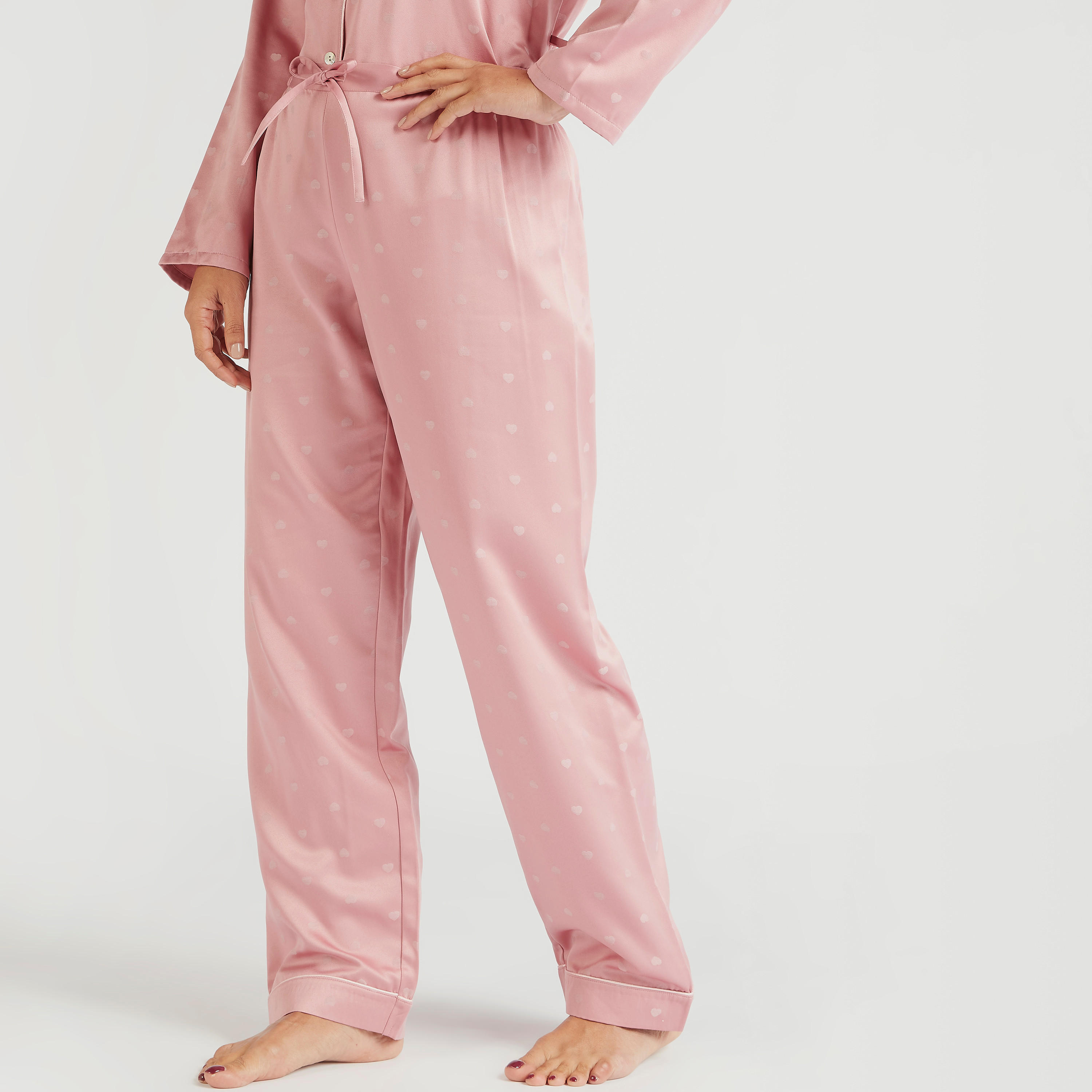All-Over Heart Print Belted Shirt and Full Length Pyjama Set-women-clothing-nightwear-pyjamas-longsets-image-5