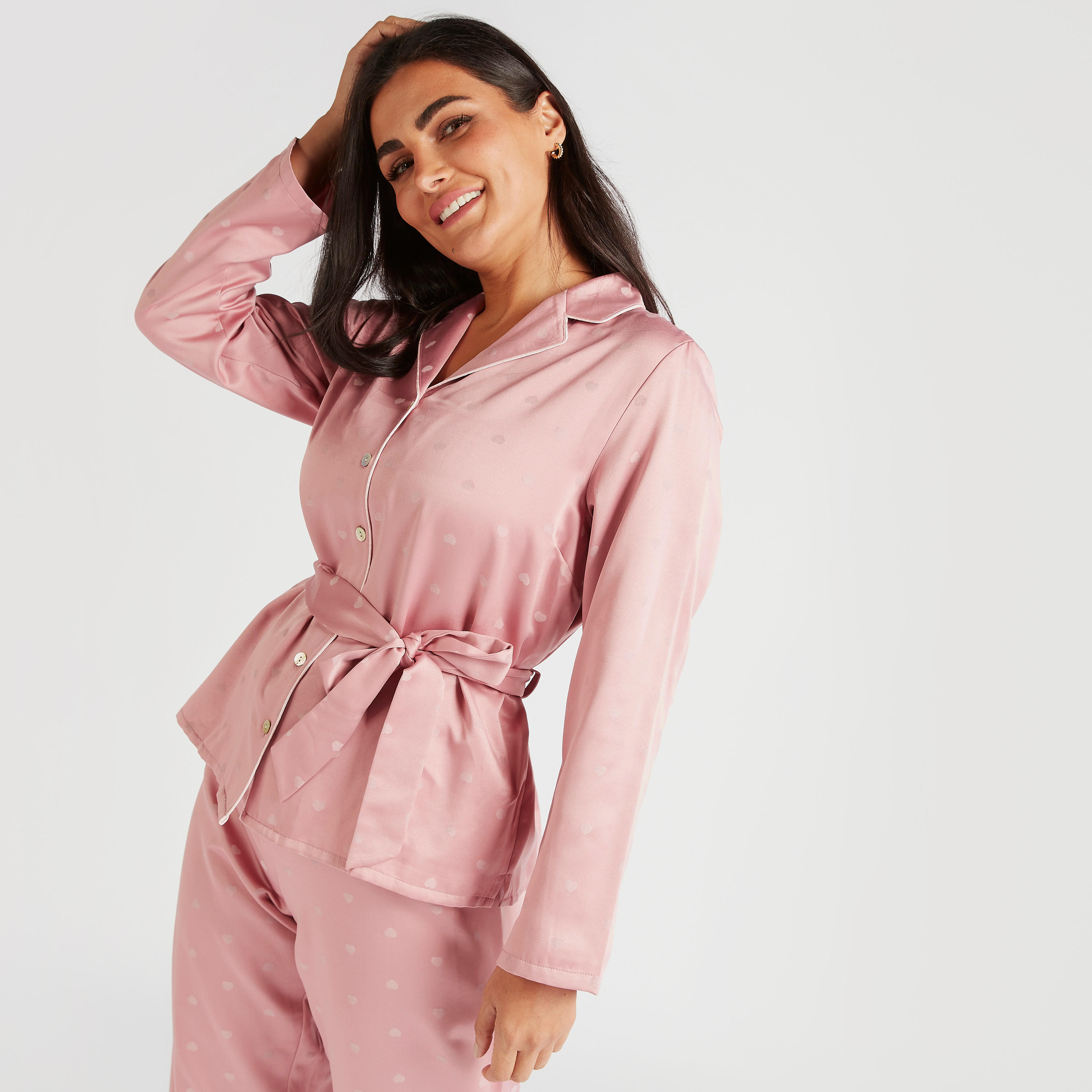 All-Over Heart Print Belted Shirt and Full Length Pyjama Set-women-clothing-nightwear-pyjamas-longsets-image-6