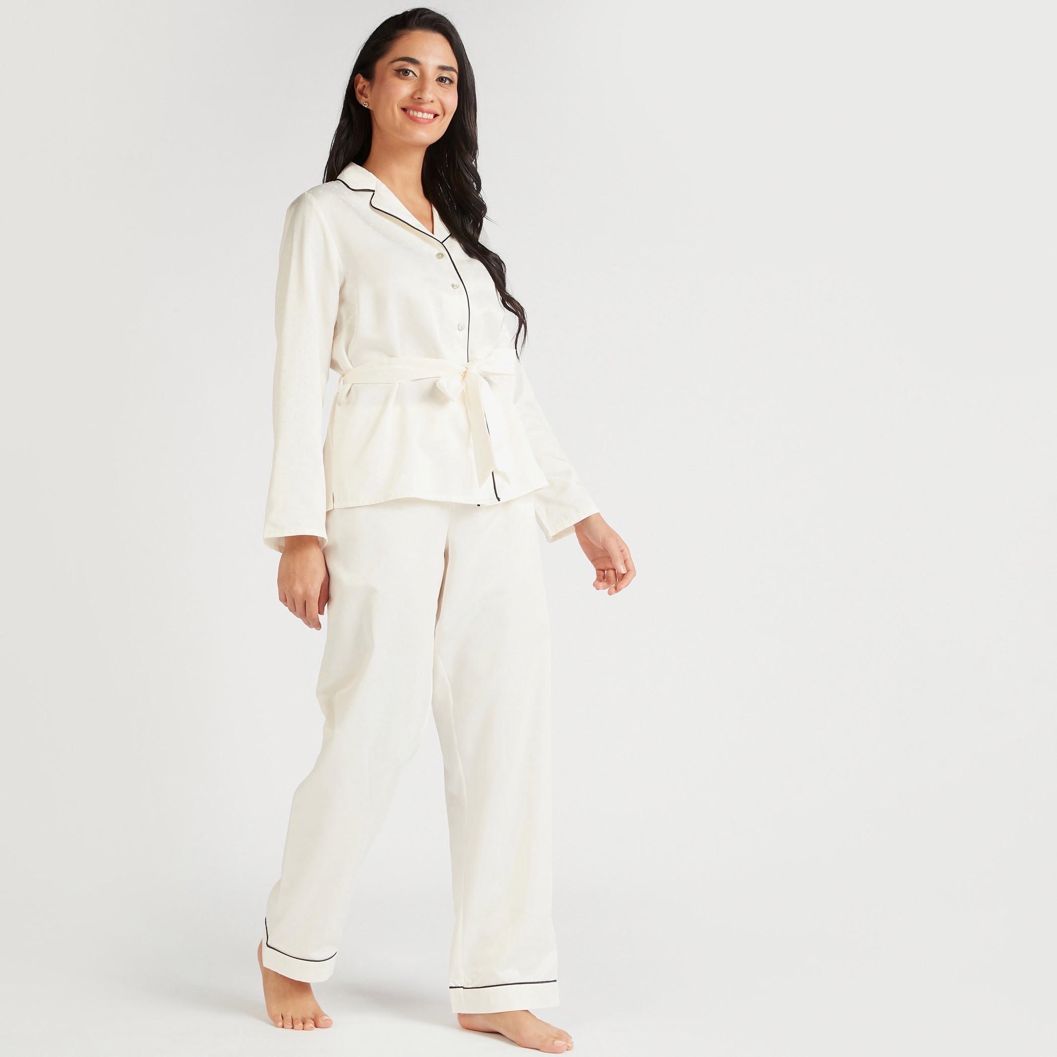 طقم بنطلون بيجاما وقميص منقّ بحزام-women-clothing-nightwear-pyjamas-longsets-image-1