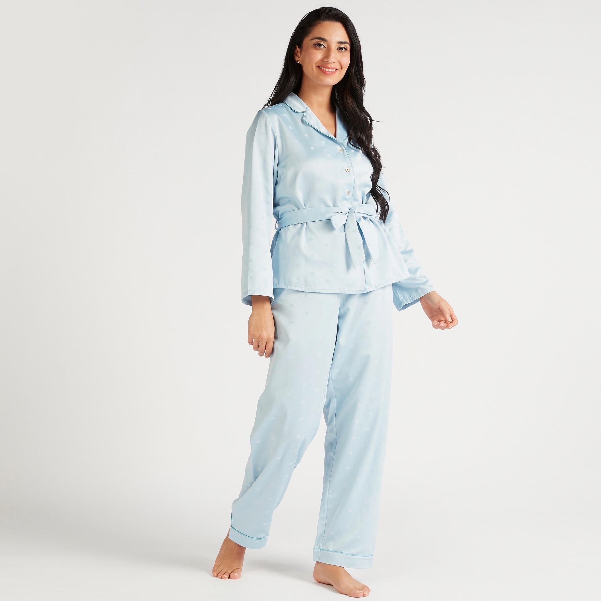 طقم بنطلون بيجاما وقميص بحزام وطبعات قلب-women-clothing-nightwear-pyjamas-longsets-image-3