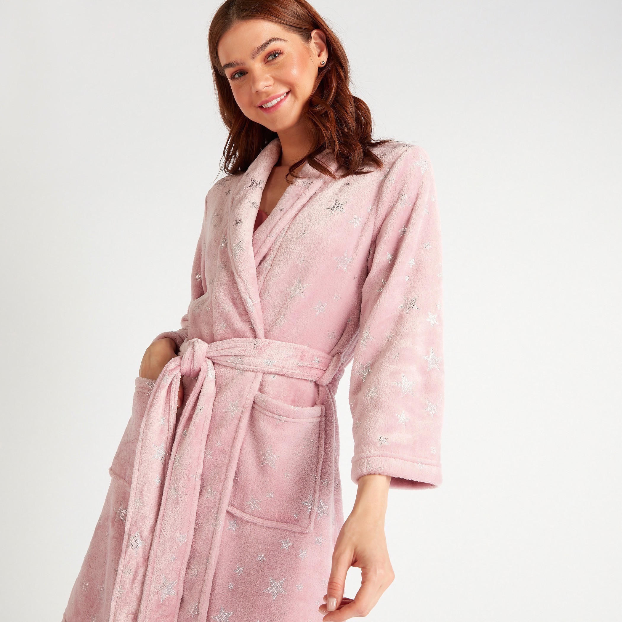 روب ليلي بطبعات نجوم مع حزام وجيوب-women-clothing-nightwear-robes-image-2