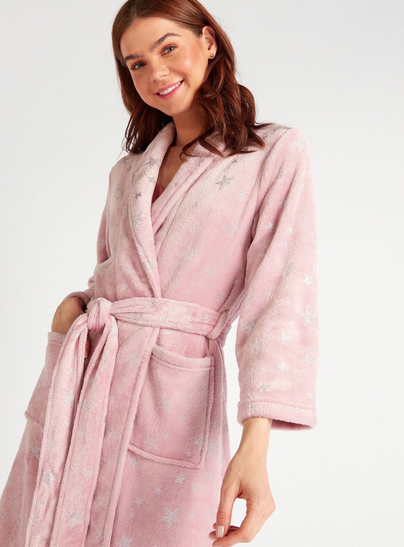 روب ليلي بطبعات نجوم مع حزام وجيوب-women-clothing-nightwear-robes-image-2