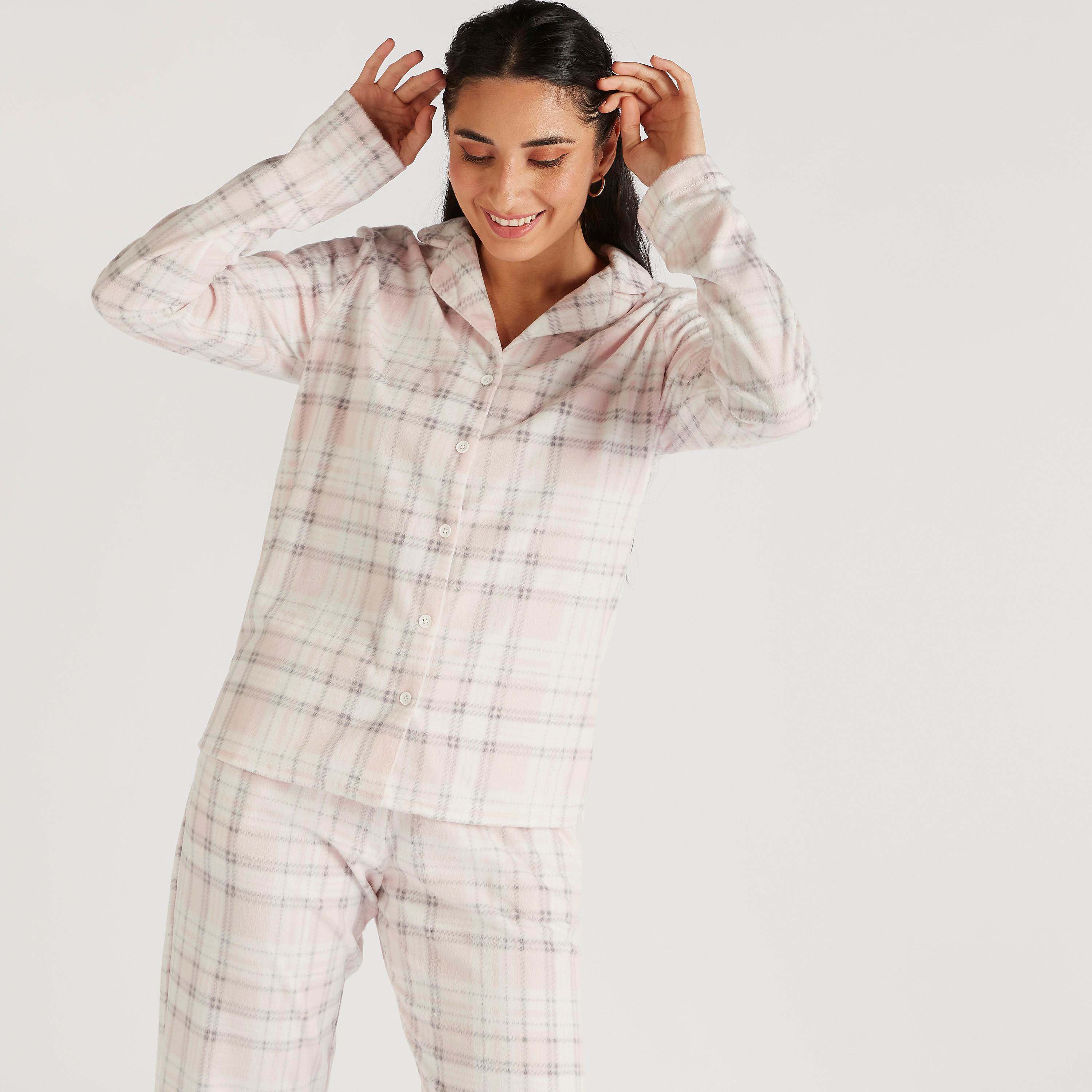 طقم بنطلون بيجاما وقميص نوم كاروهات-women-clothing-nightwear-pyjamas-longsets-image-1