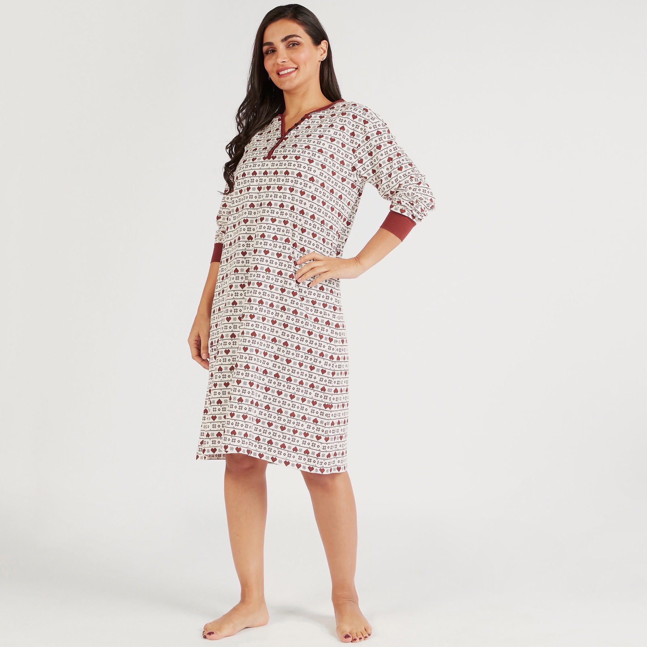 قميص نوم بياقة هينلي وأكمام طويلة وطبعات-women-clothing-nightwear-nighties-image-2