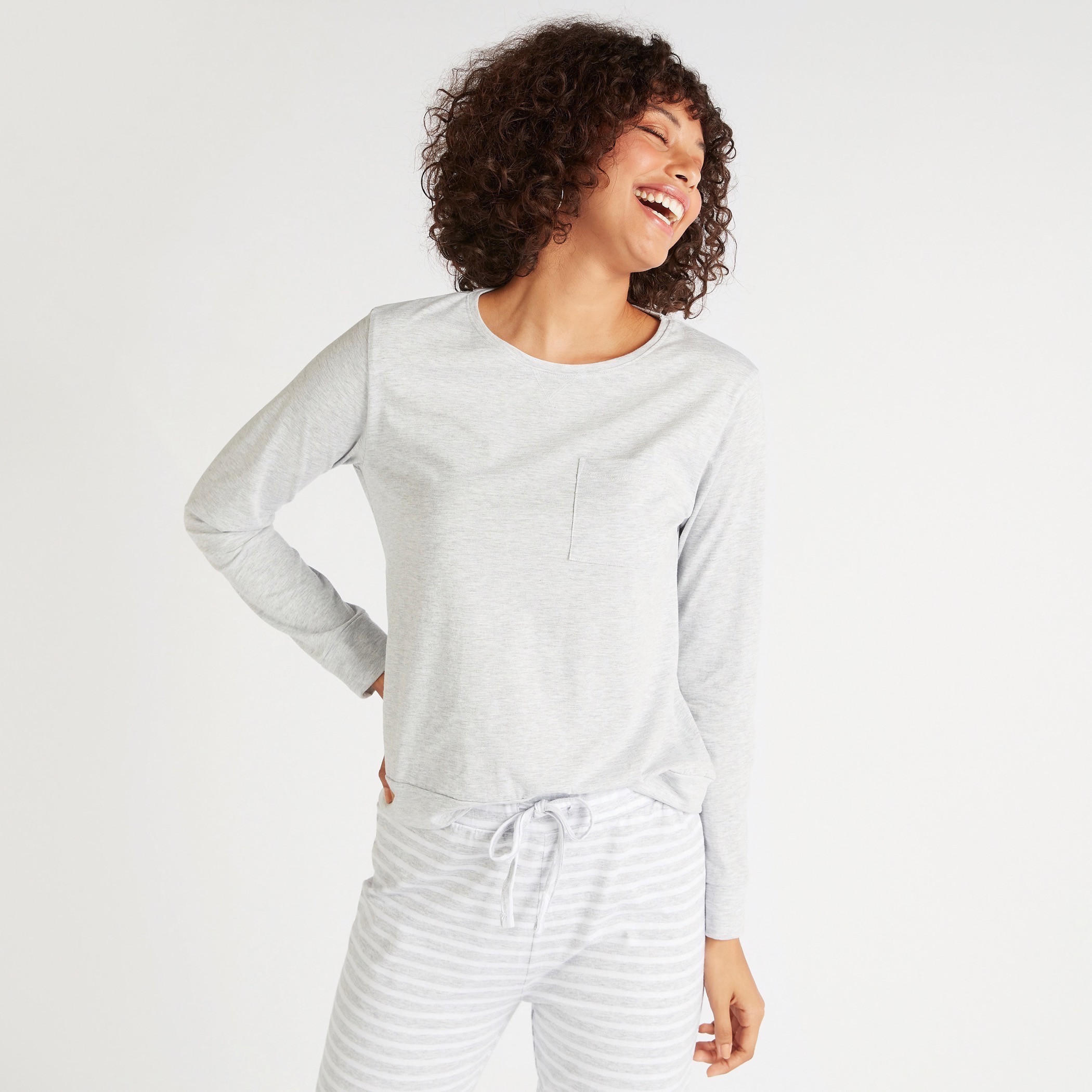 Solid T-shirt and Full Length Striped Pyjama Set-women-clothing-nightwear-pyjamas-longsets-image-1
