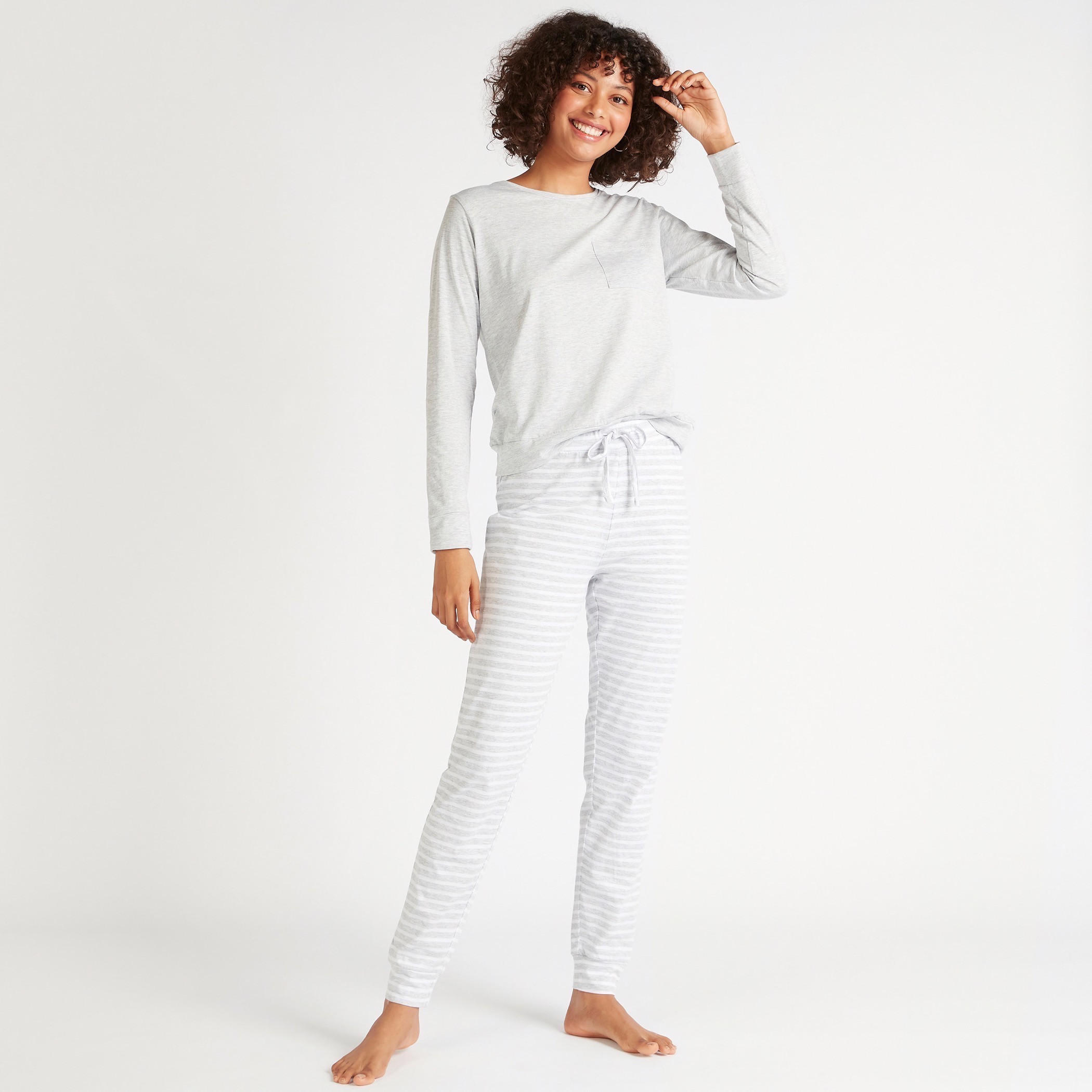 Solid T-shirt and Full Length Striped Pyjama Set-women-clothing-nightwear-pyjamas-longsets-image-2