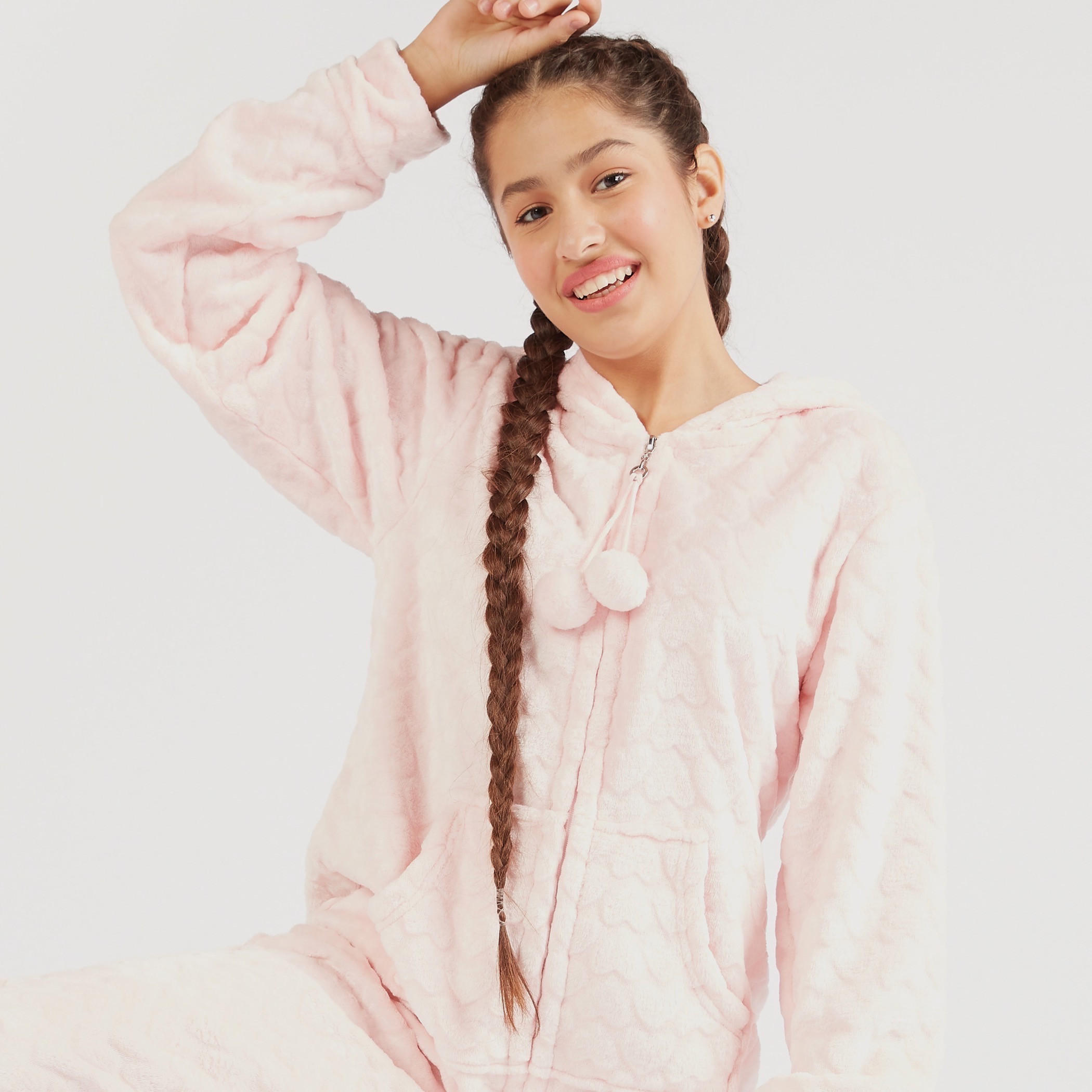 قميص نوم بارز الملمس بقبّعة وأكمام طويلة-women-clothing-nightwear-nighties-image-2