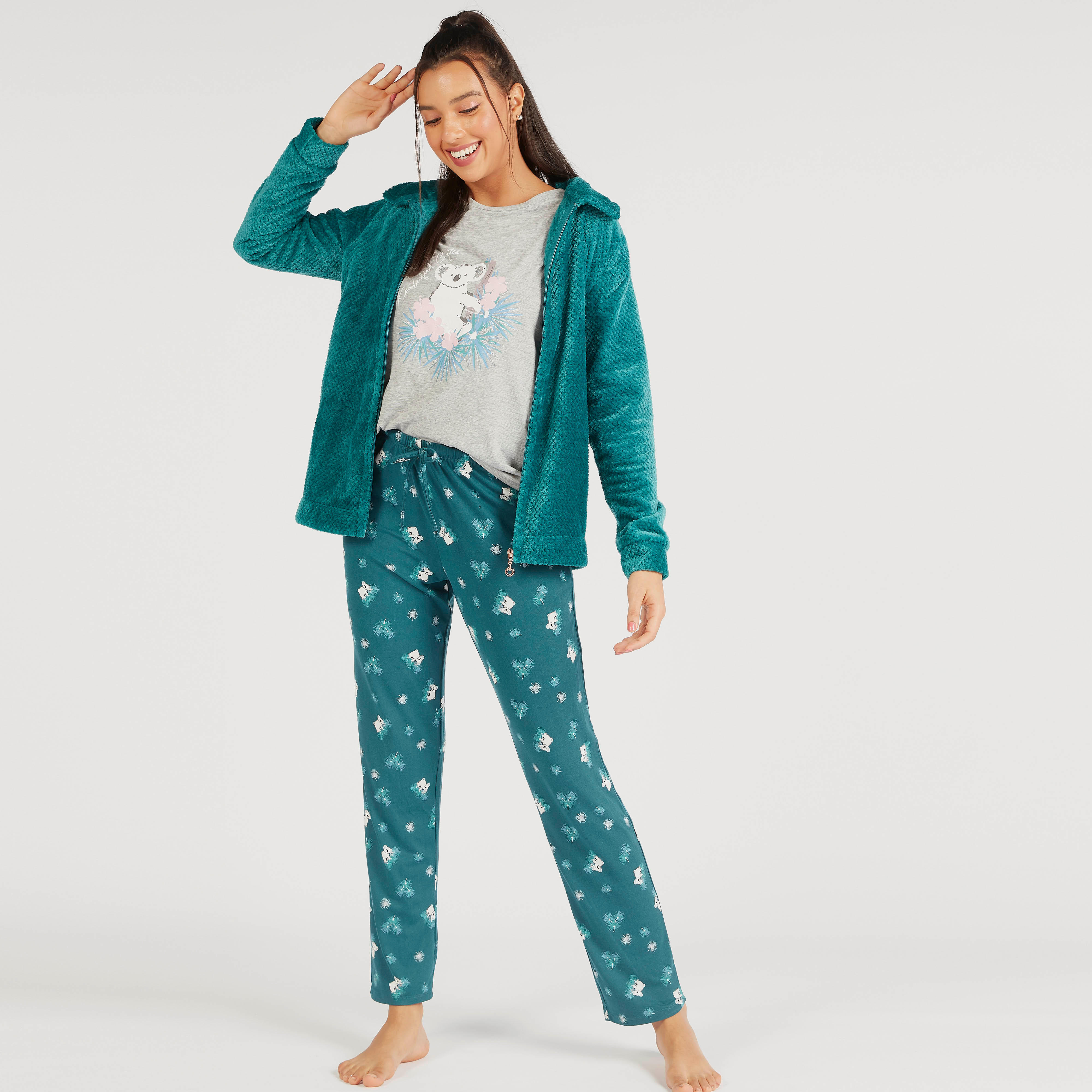 طقم بنطلون بيجاما طويل وتيشيرت بطبعات وجاكيت بسحاب-women-clothing-nightwear-pyjamas-longsets-image-2