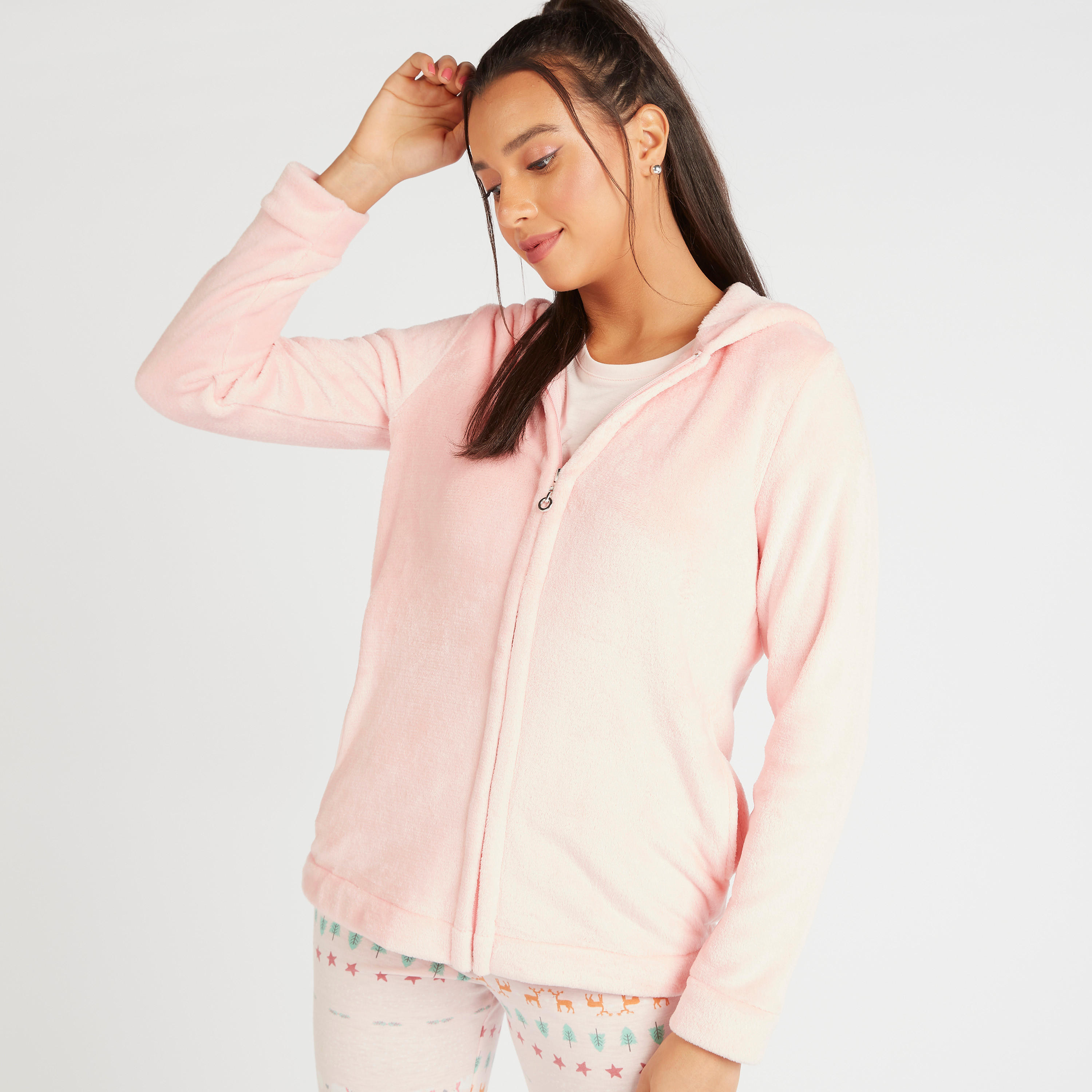 طقم بنطلون بيجاما طويل وجاكيت بقبعة وتيشيرت-women-clothing-nightwear-pyjamas-longsets-image-4