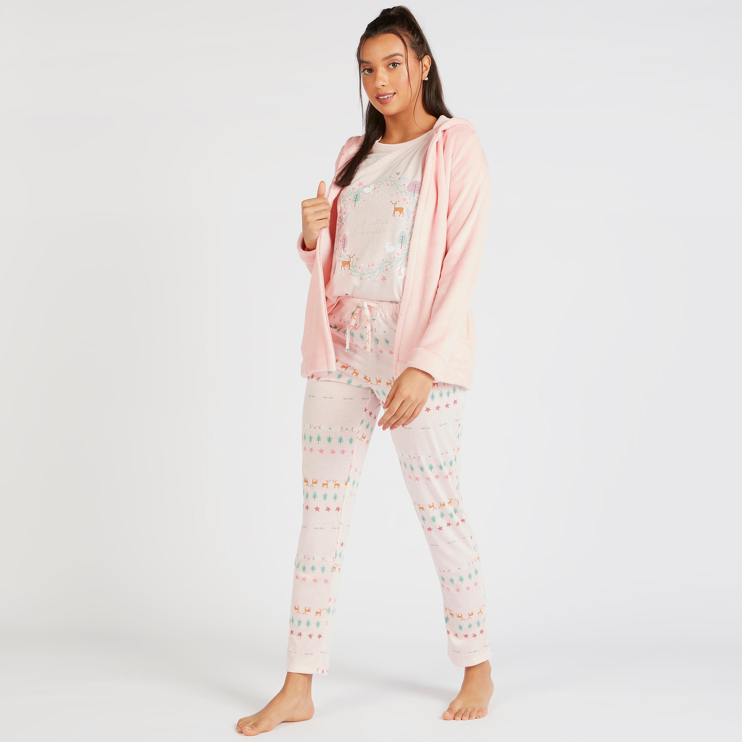 طقم بنطلون بيجاما طويل وجاكيت بقبعة وتيشيرت-women-clothing-nightwear-pyjamas-longsets-image-5